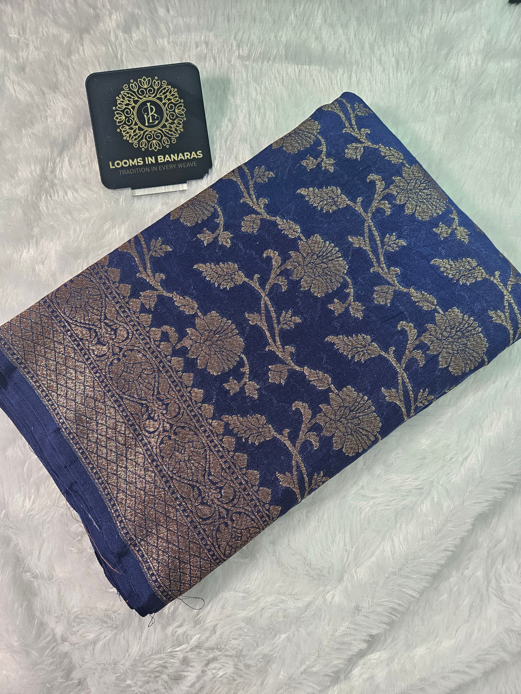 Banarasi Georgette Navy Saree with Antique Zari Border Jaal