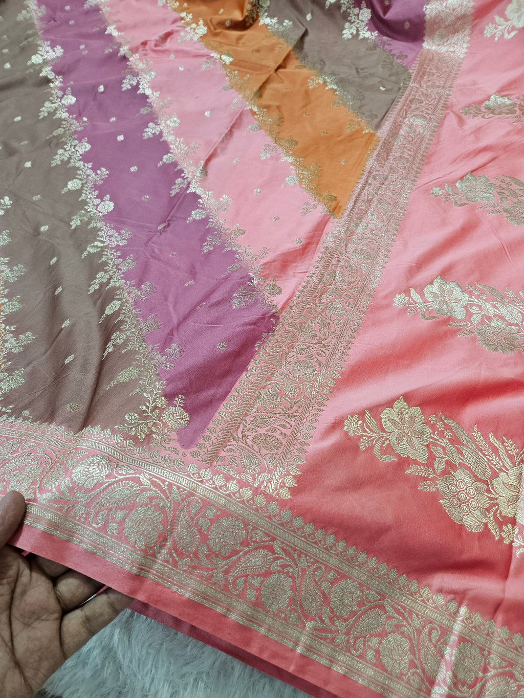 Rangkaat Peach Mashru Silk Banarasi Saree Aada Design Multi Colour