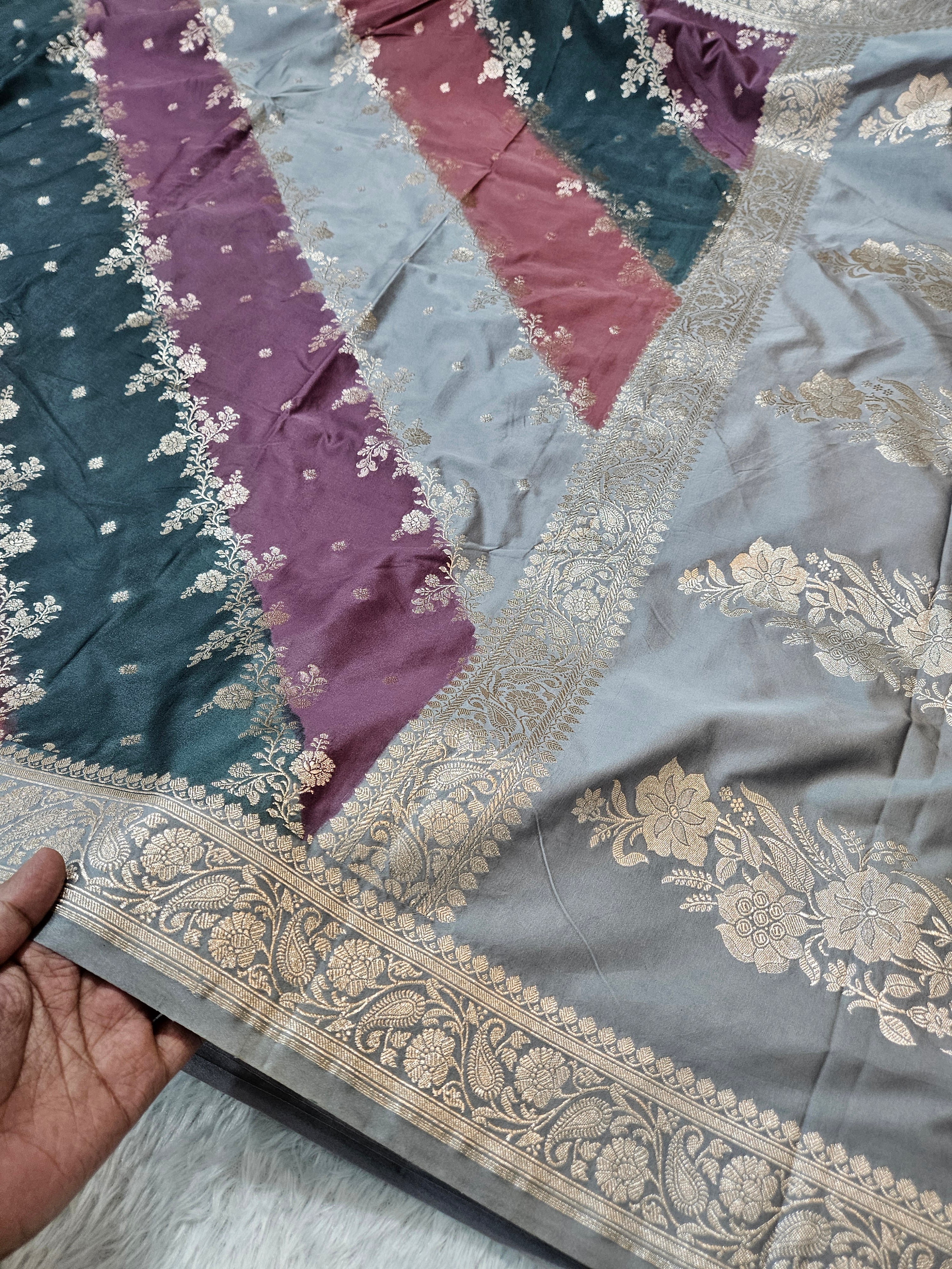 Rangkaat Grey Mashru Silk Banarasi Saree Aada Design Multi Colour