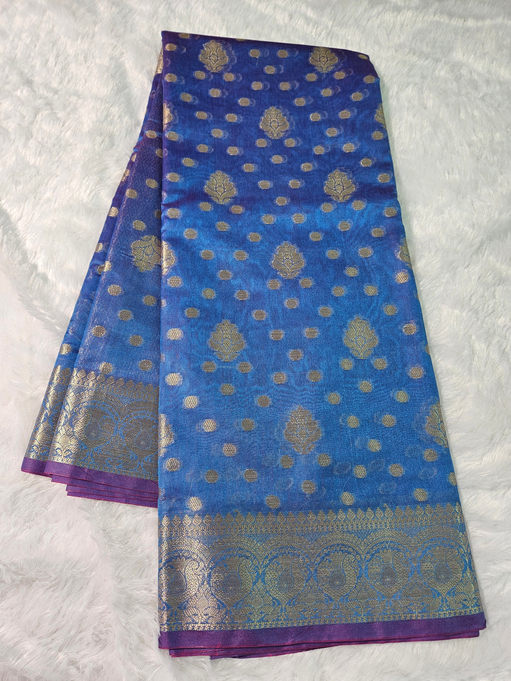 Banarasi Silk Blue Buti Zari Border Saree