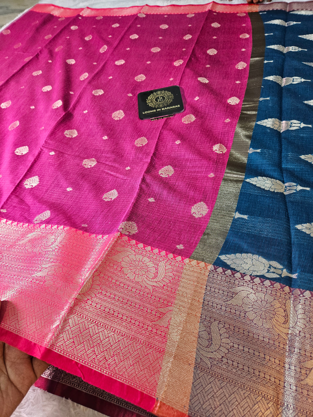 Rani and Blue Contrast Banarasi Cotton Zari Border Boota Saree