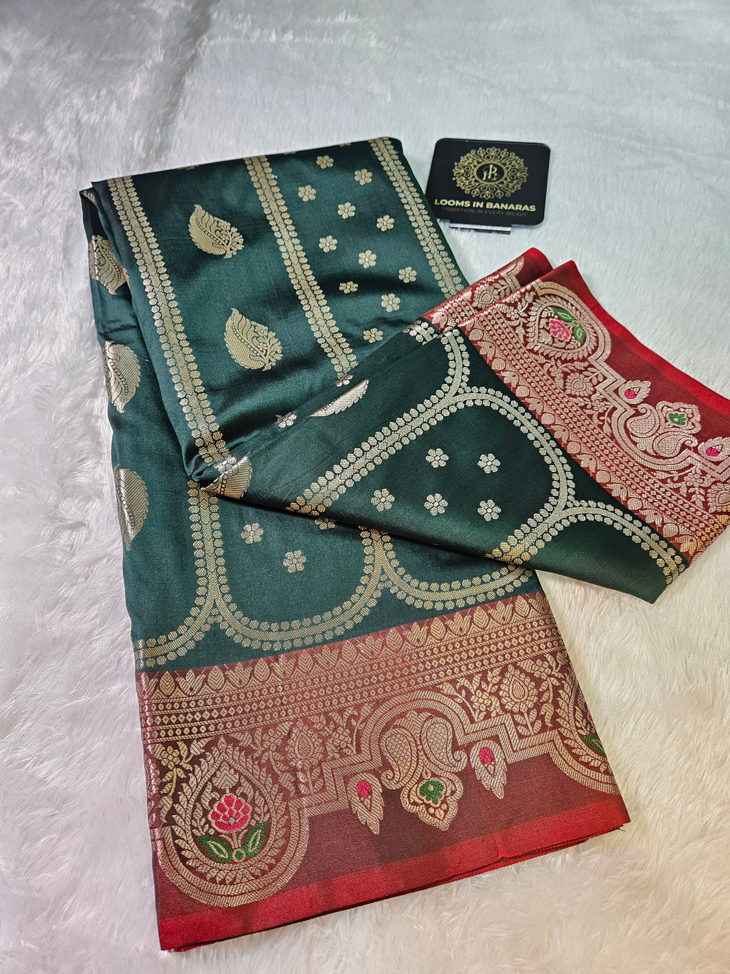 Bottle Green and Red Contrast Banarasi Silk Jaal Zari Border Saree