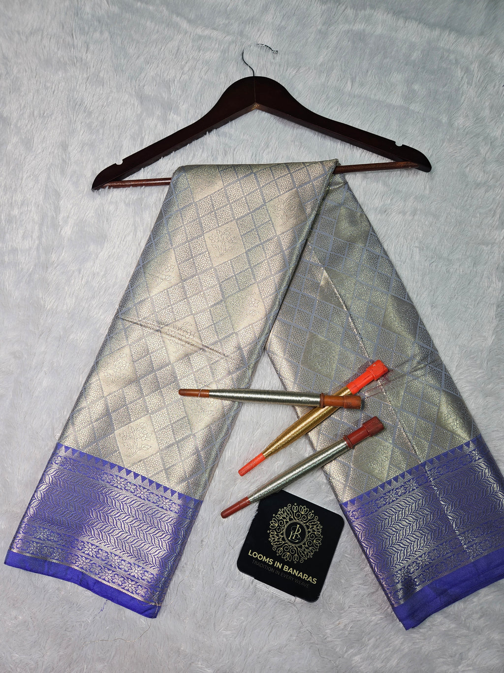 Grey Banarasi Soft Tissue Zari Brocade Design Saree Contrast