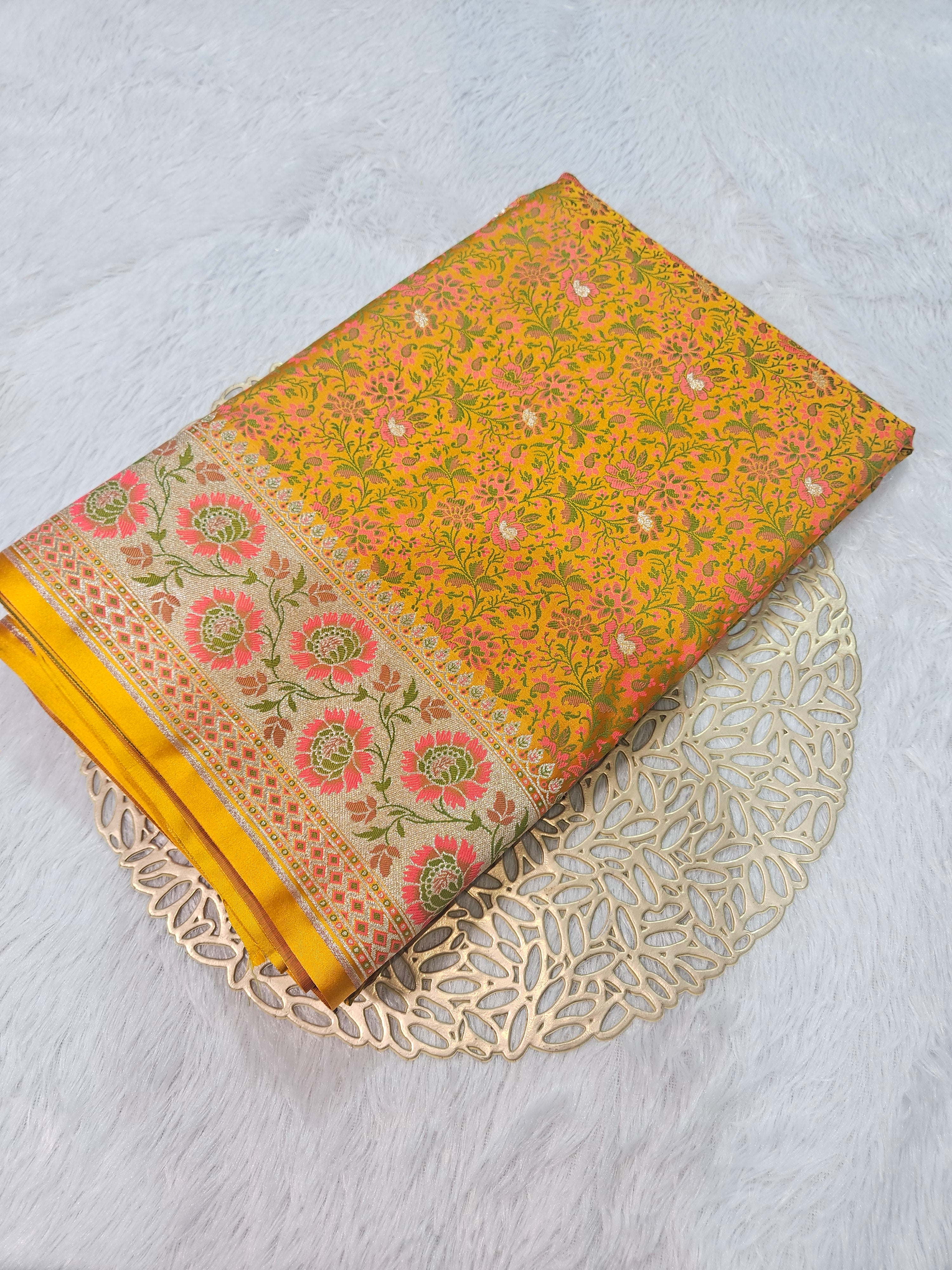 Gold Banarasi Jamewar Satin Silk Saree with Green Multi Mina.