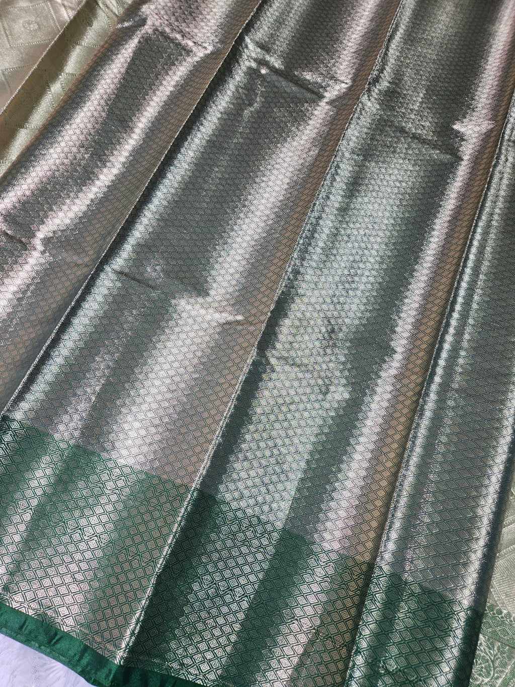 Pista Green Banarasi Soft Tissue Zari Brocade Design Saree Contrast