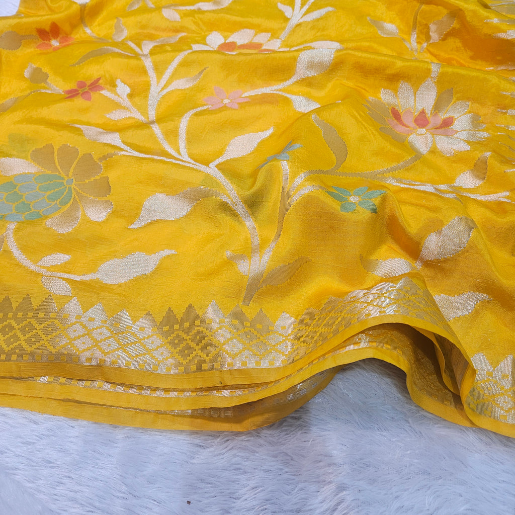 Yellow Banarasi Viscose Silk Saree Floral Jaal with Small border