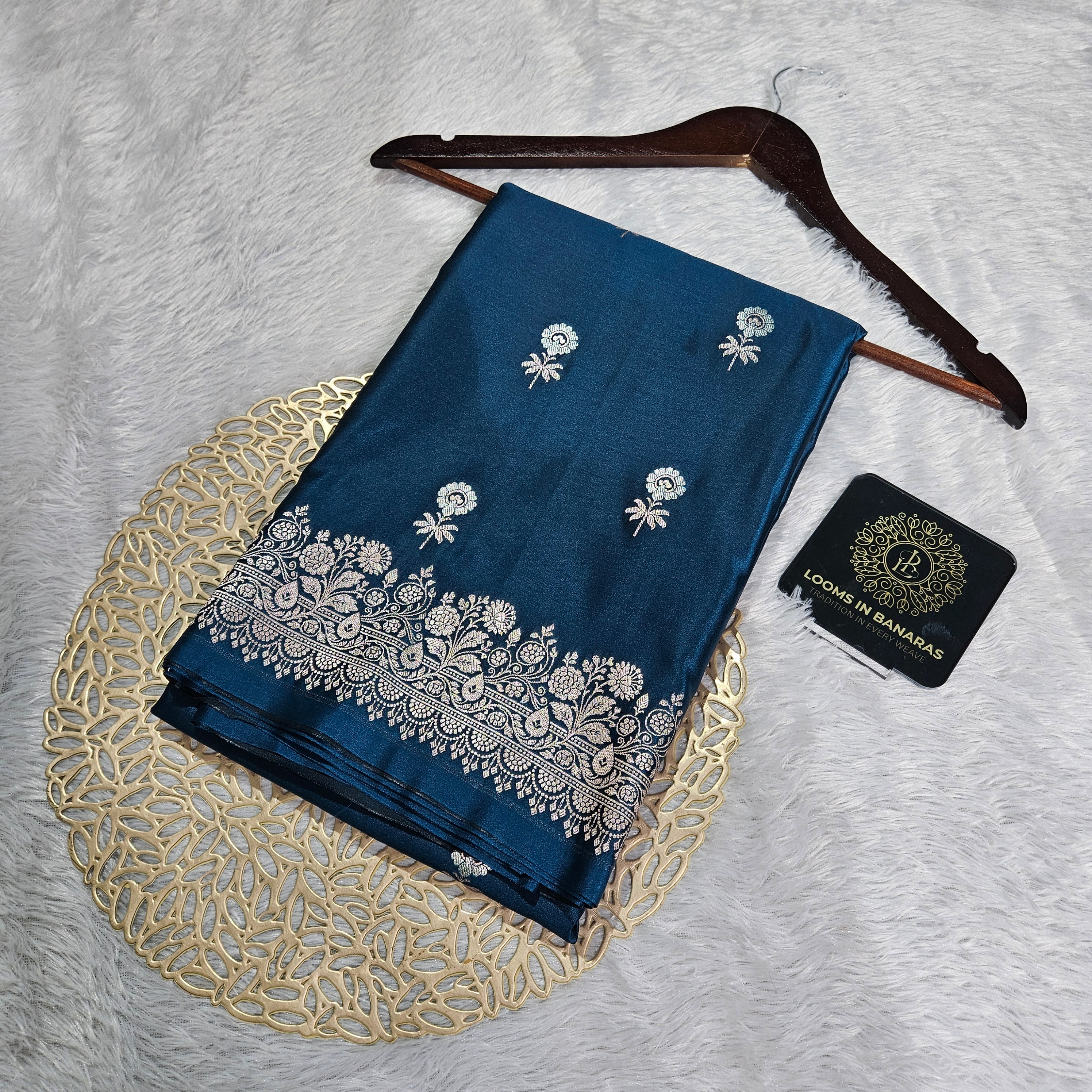 German Blue Banarasi Mashru Silk Alfi Border Booti Saree