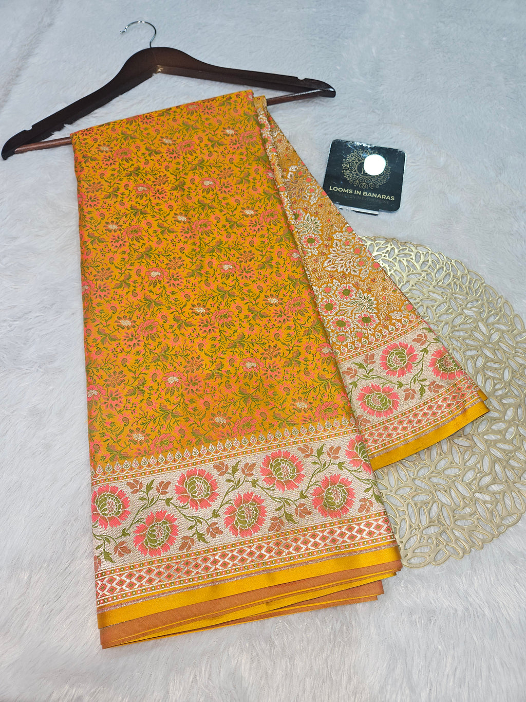 Gold Banarasi Jamewar Satin Silk Saree with Green Multi Mina.