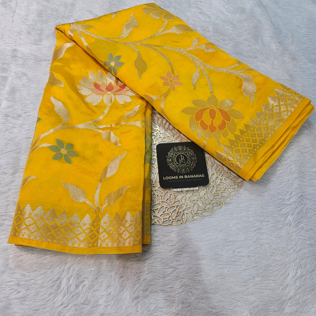 Yellow Banarasi Viscose Silk Saree Floral Jaal with Small border