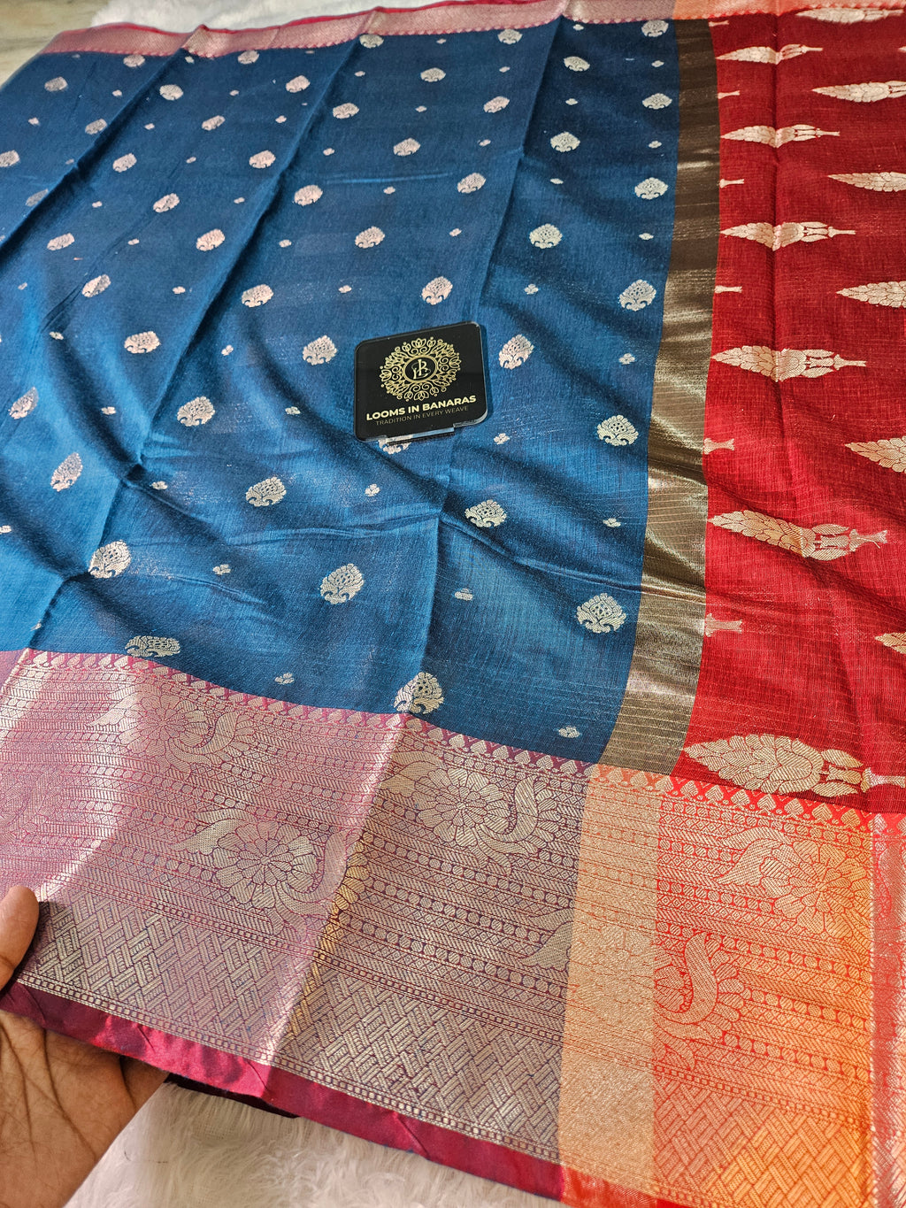 Blue and Red Contrast Banarasi Cotton Zari Border Boota Saree