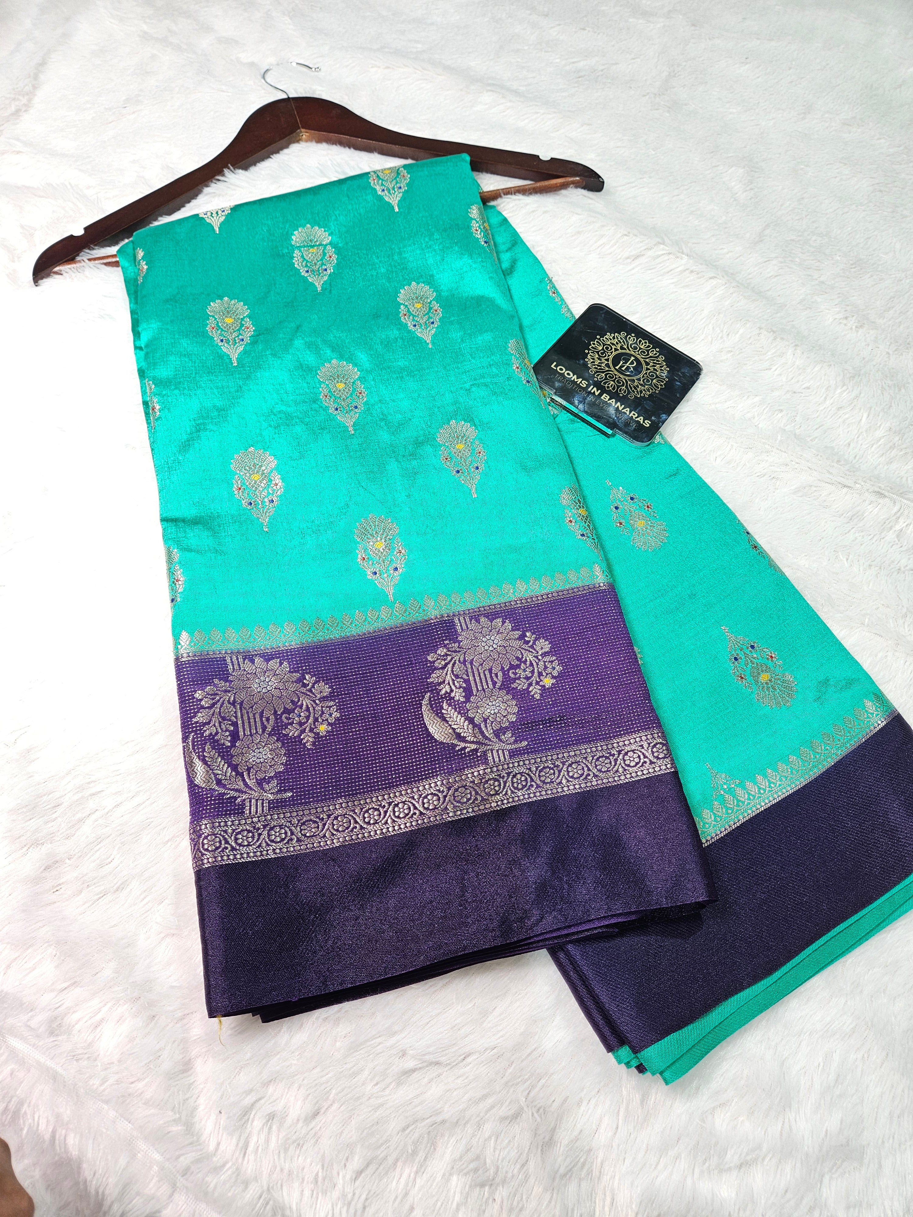 Banarasi Sea Green and Uda contrast Raw Mango Silk Fancy Border Booti Saree