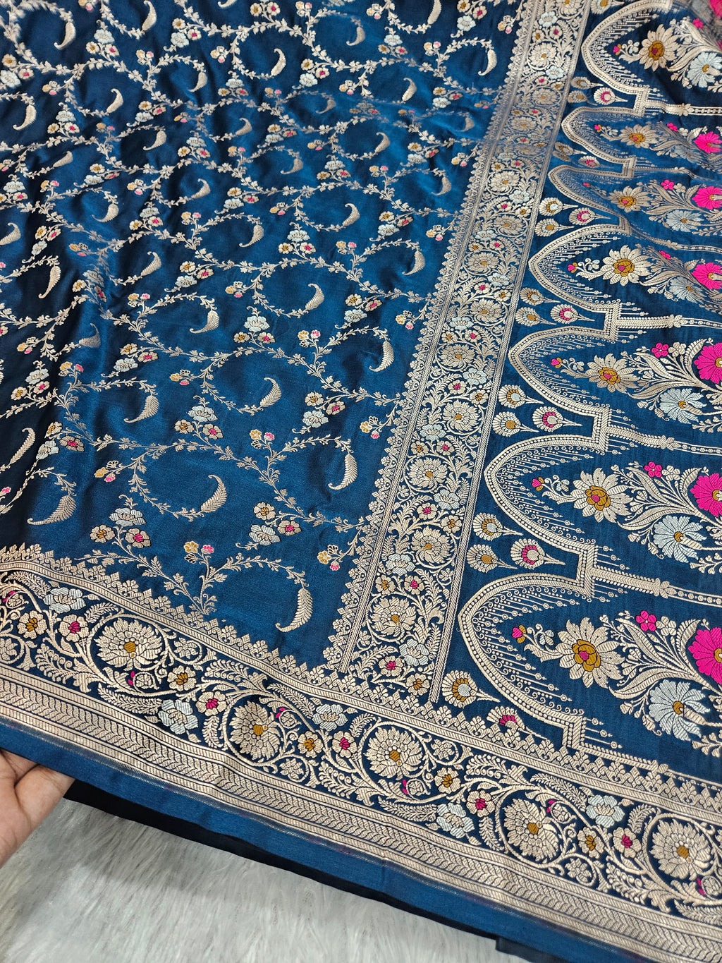 German Blue Mashru Silk Banarasi Border Tilfi Jangla Saree