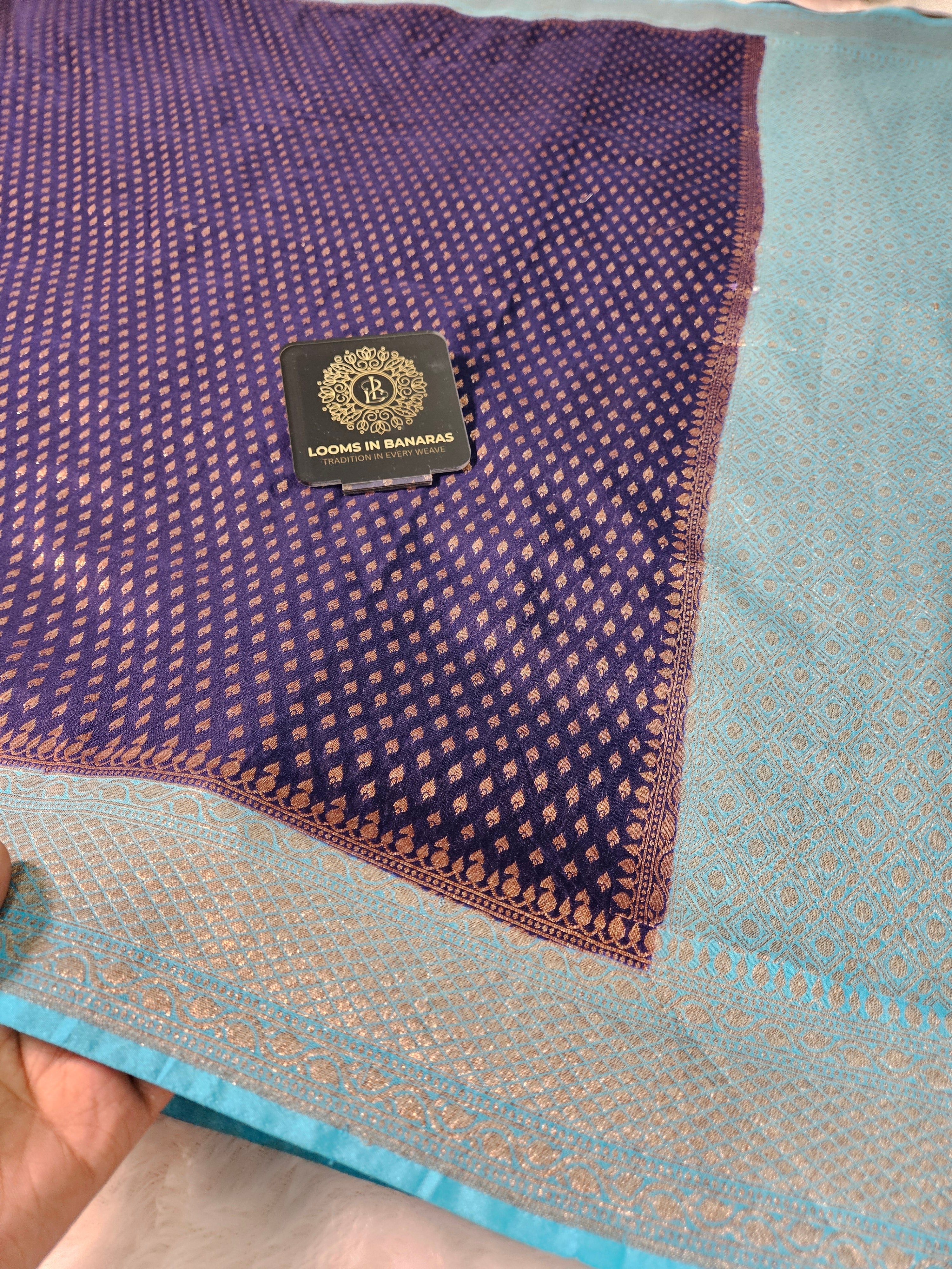 Banarasi Georgette Navy Blue Contrast Firozi Saree with Antique Zari Border buti