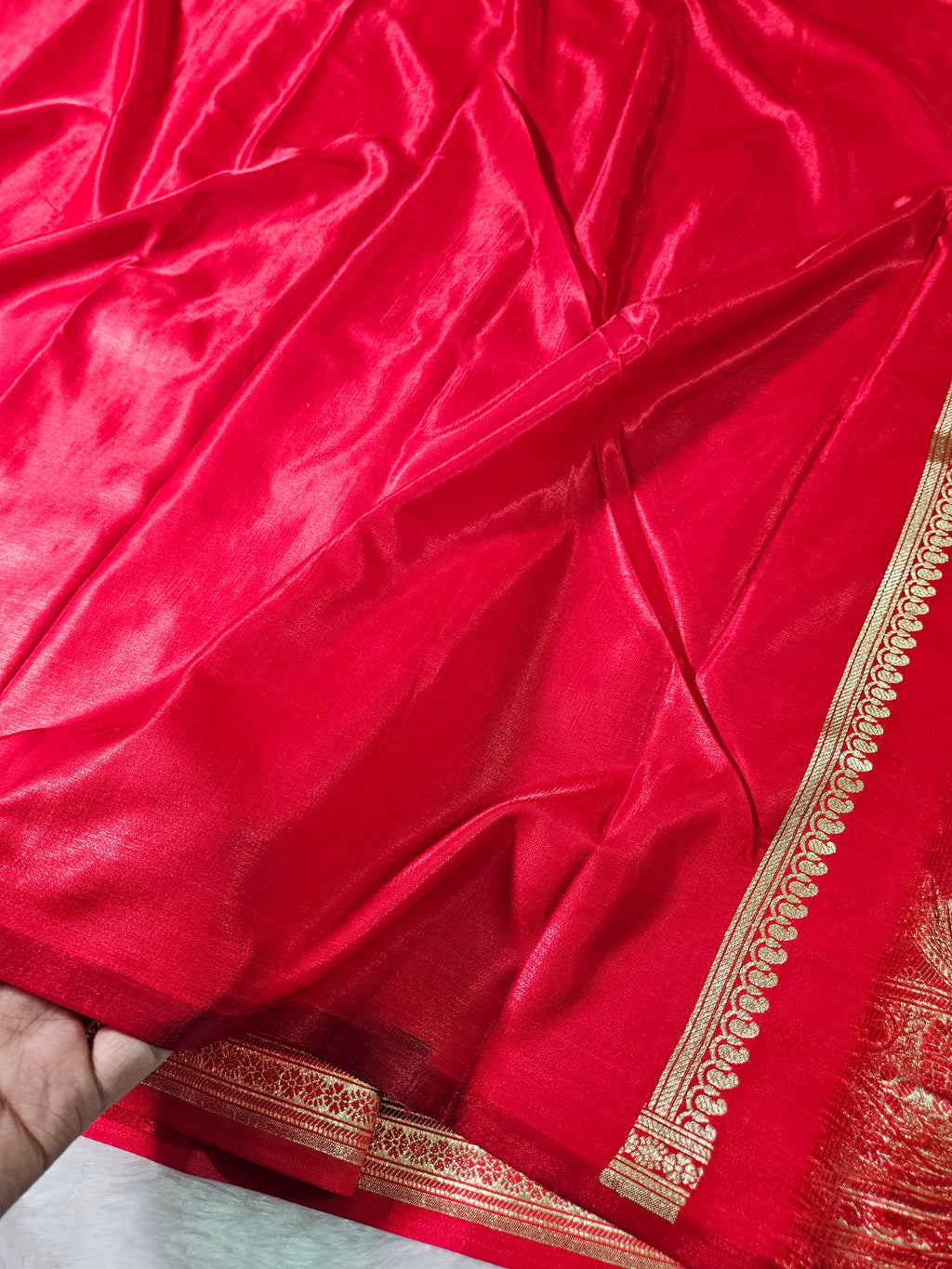 Red Banarasi Satin Silk Zari Border Buti Saree