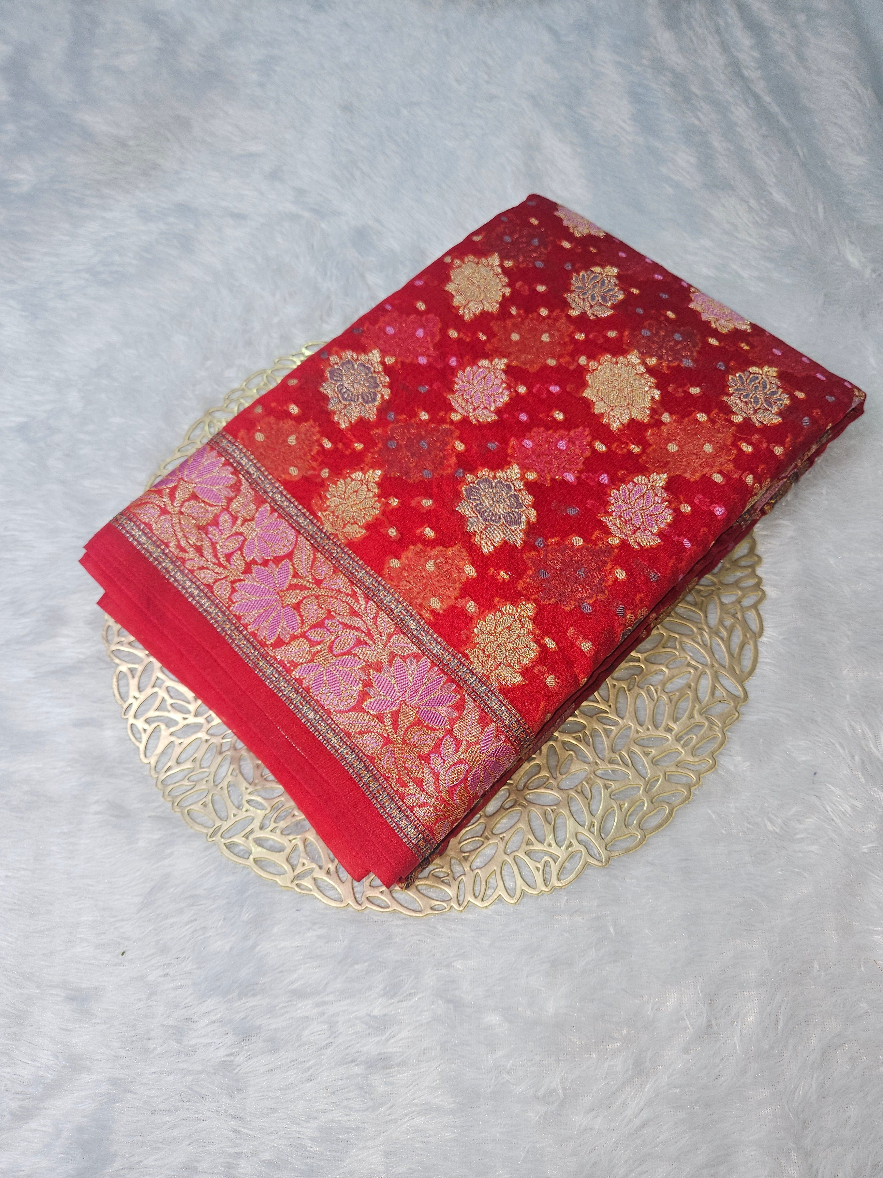 Banarasi Crepe Georgette Red Saree with Gold Zari Buta Design