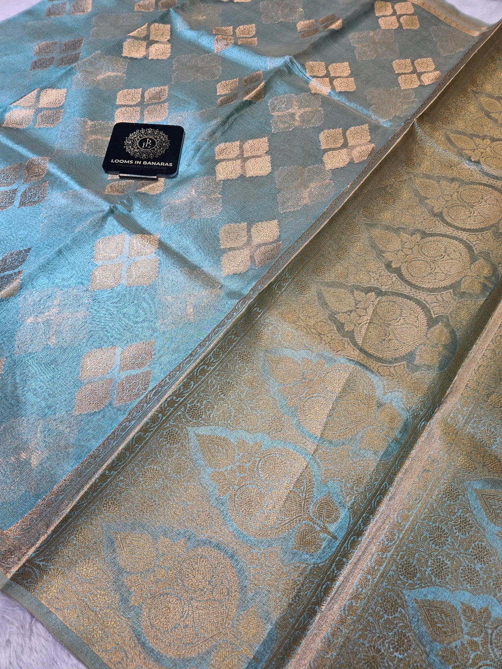 Aqua Blue Banarasi Tissue Zari Buti Design Small Border Saree