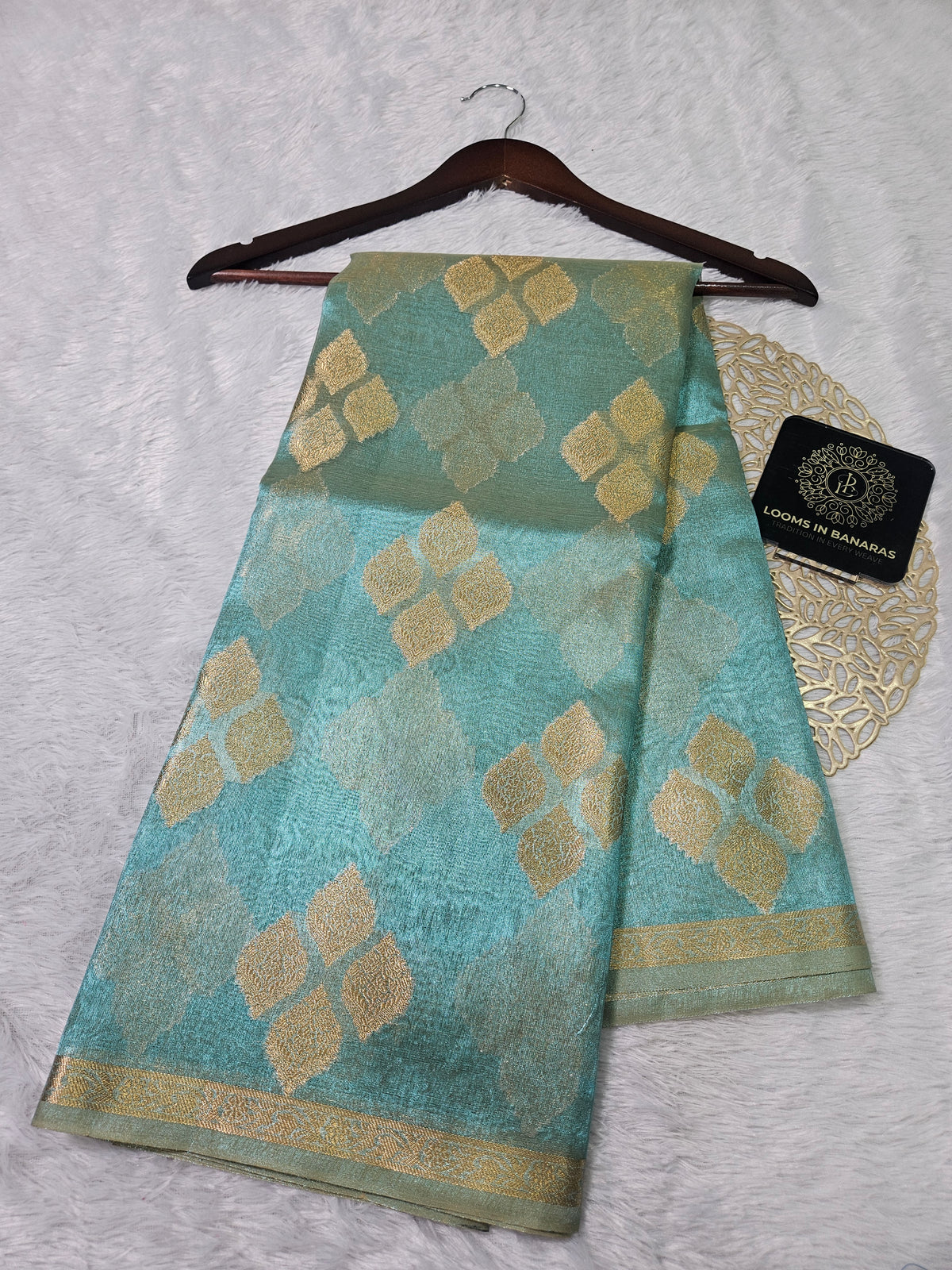 Aqua Blue Banarasi Tissue Zari Buti Design Small Border Saree