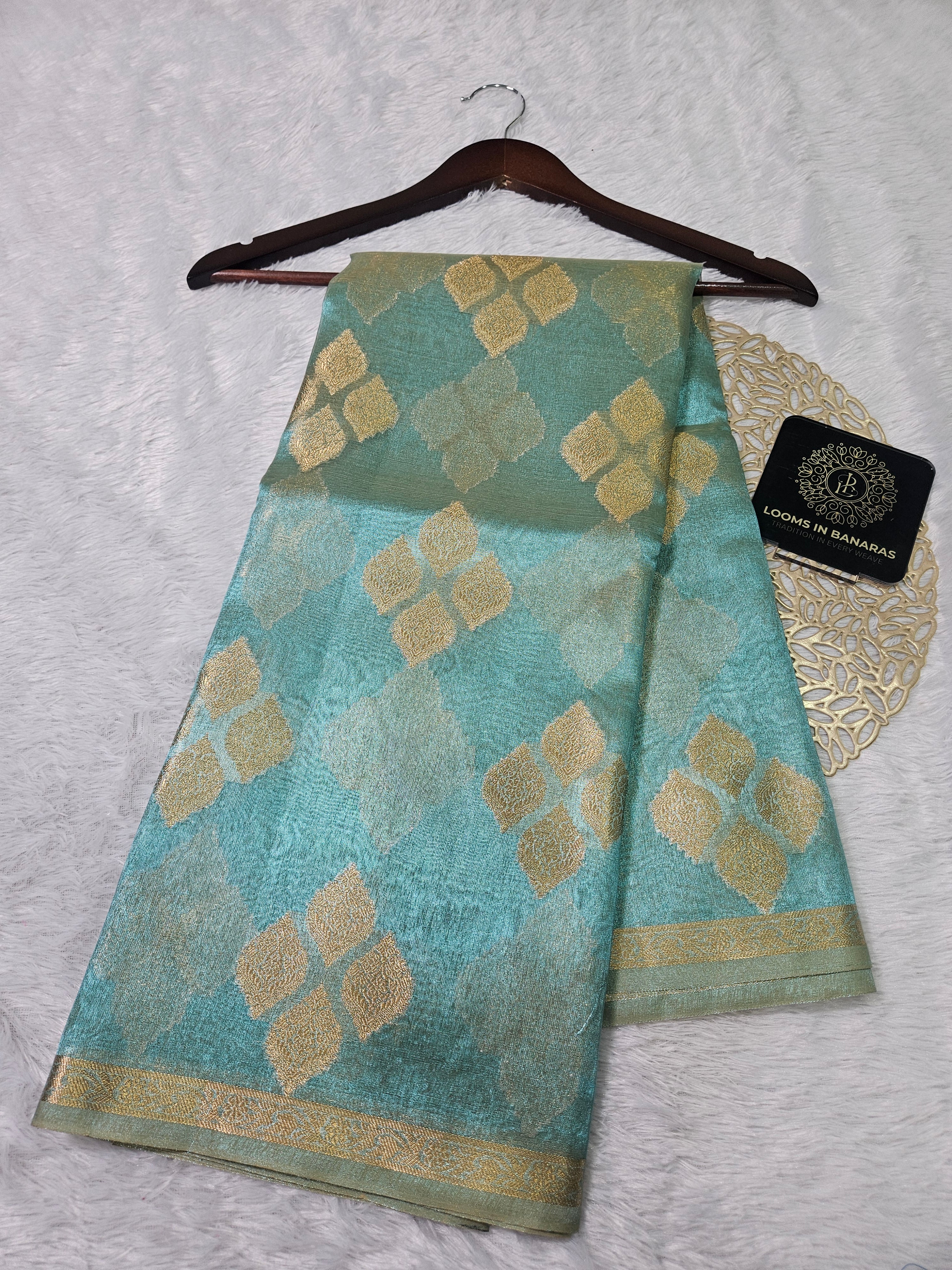 Aqua Blue Banarasi Tissue Zari Buti Design Small Border Saree