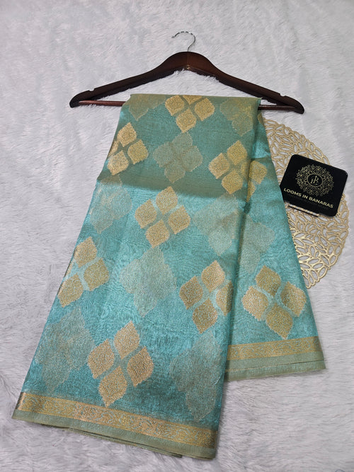Aqua Blue Banarasi Tissue Zari Buti Design Small Border Saree