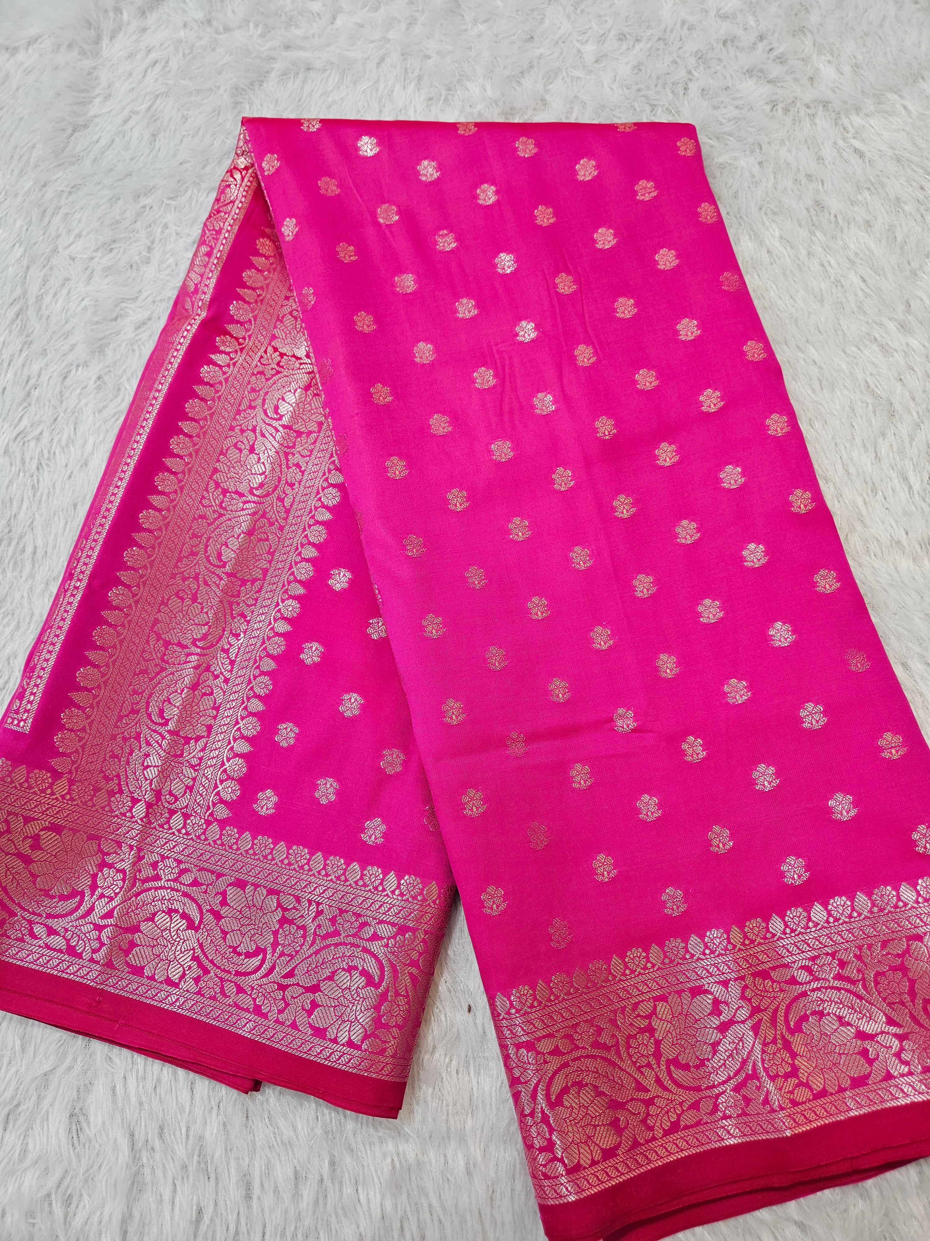 Banarasi Silk Rani Pink Buti Zari Border Saree