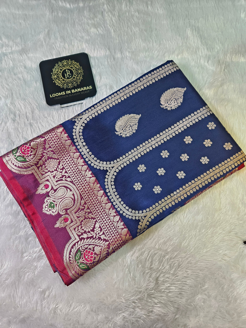 Blue and Red Contrast Banarasi Silk Jaal Zari Border Saree