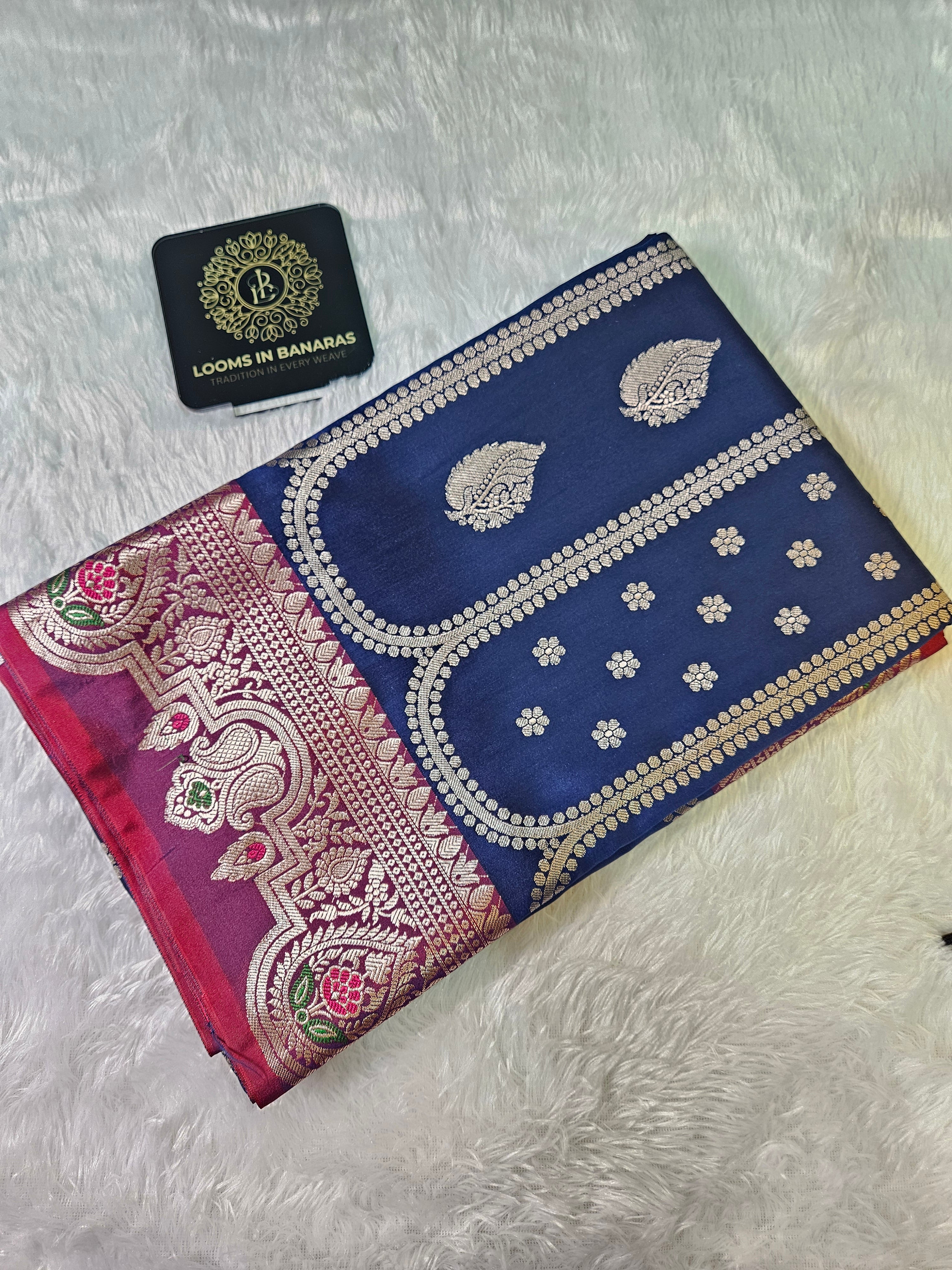 Blue and Red Contrast Banarasi Silk Jaal Zari Border Saree