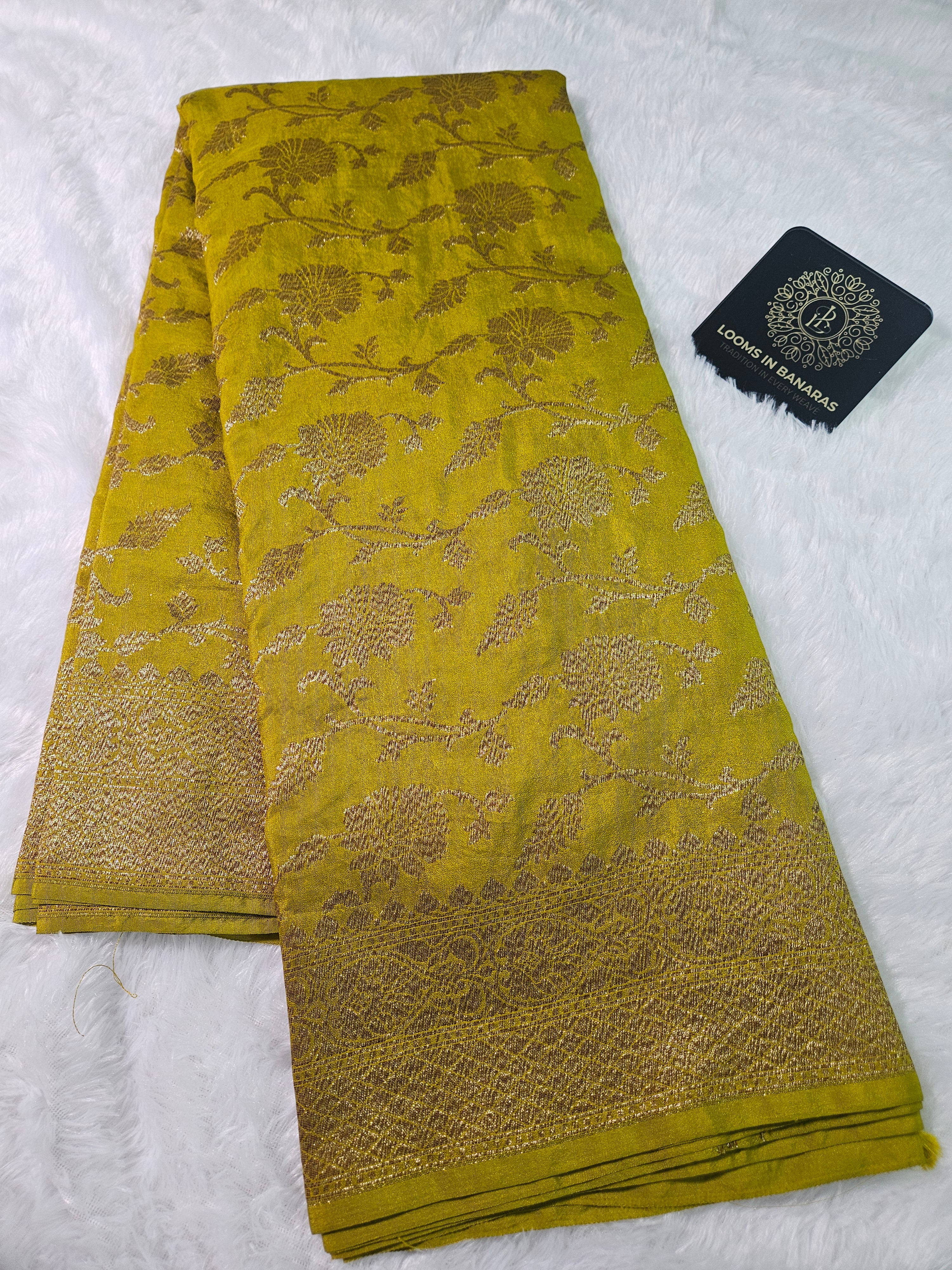 Banarasi Georgette Mustar Saree with Antique Zari Border Jaal