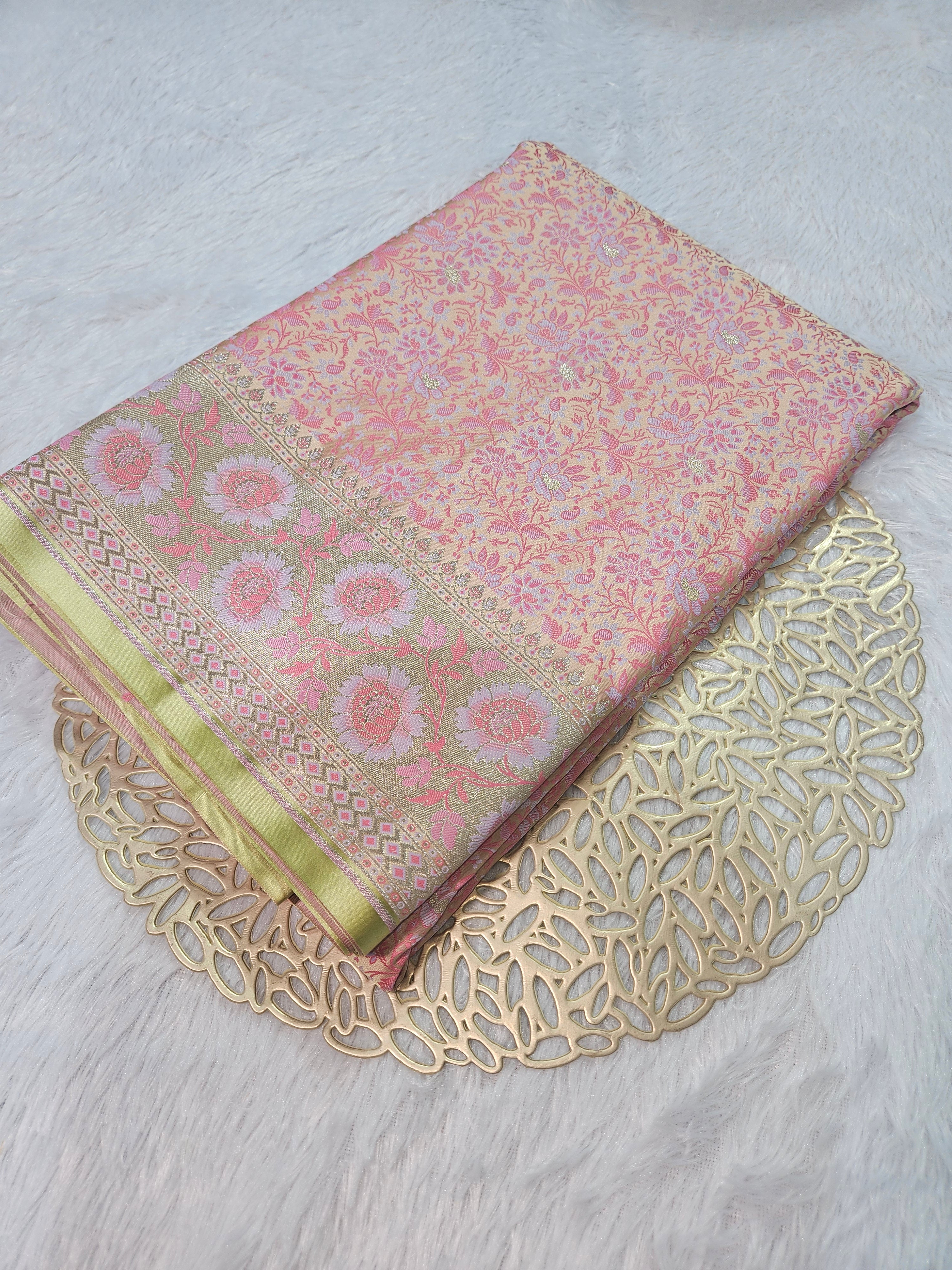 Cream Banarasi Jamewar Satin Silk Saree with Pink Multi Mina.