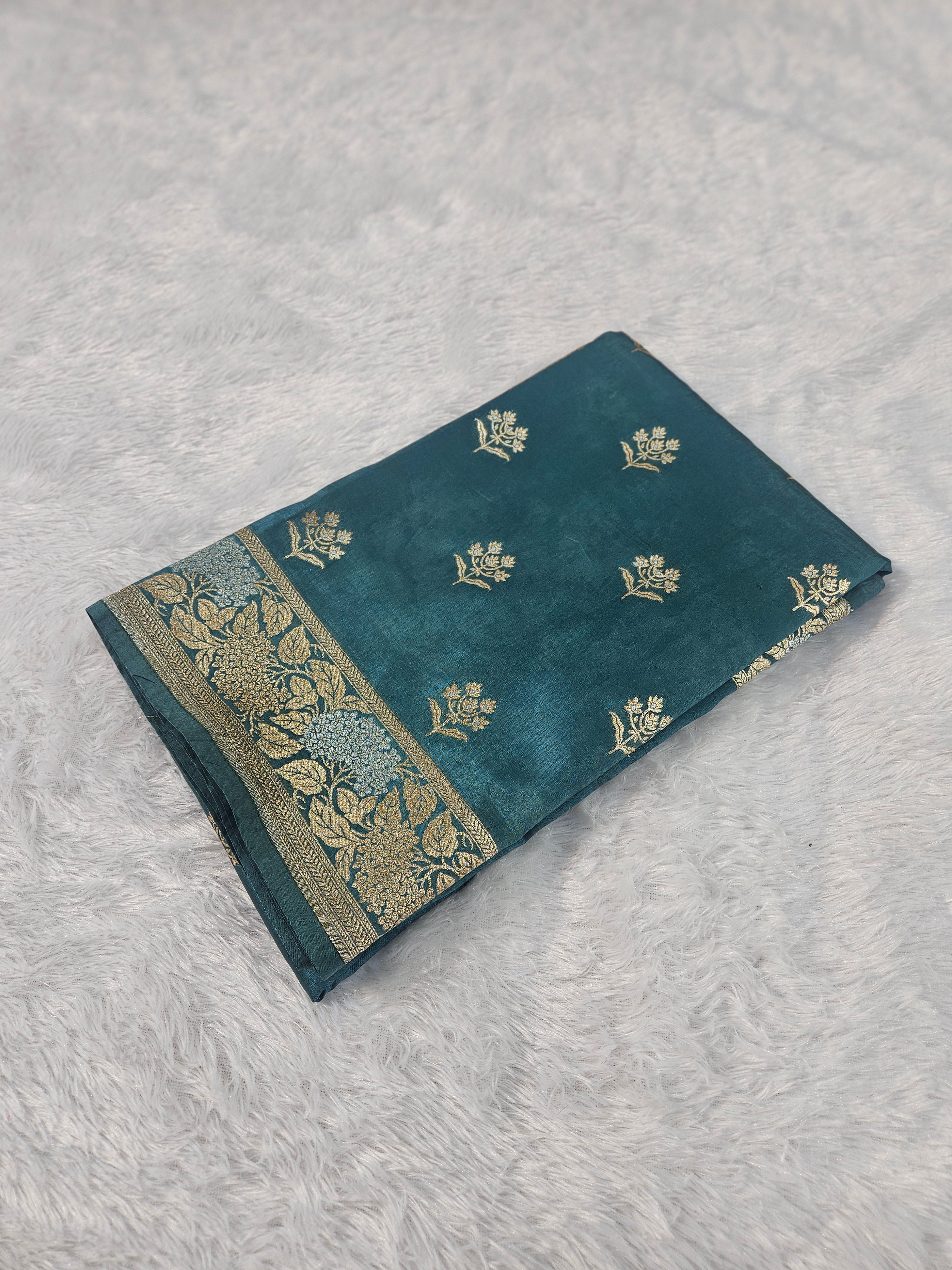 Dusty Rama Green Banarasi Viscose Silk Saree Buti Design