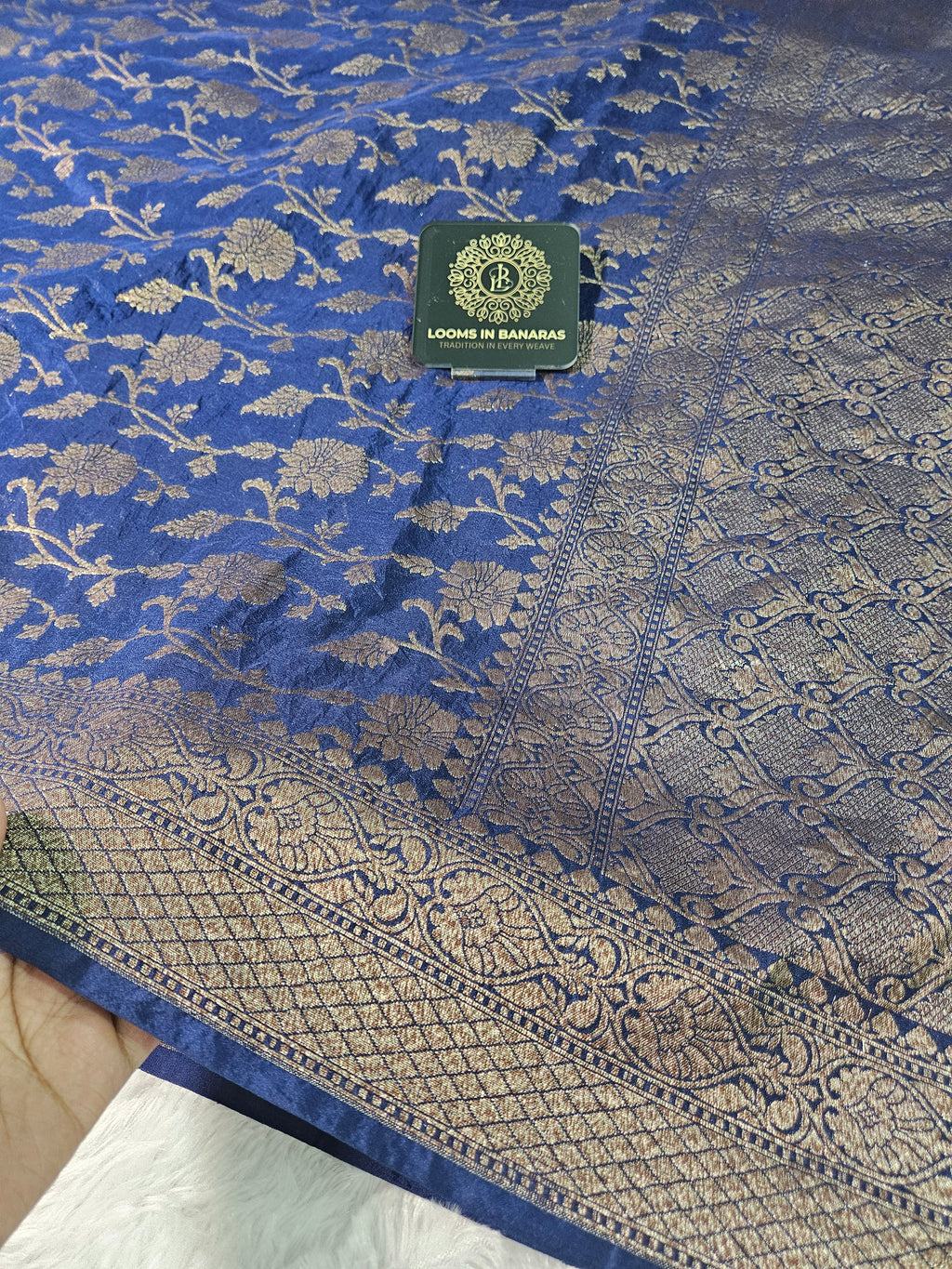 Banarasi Georgette Navy Saree with Antique Zari Border Jaal