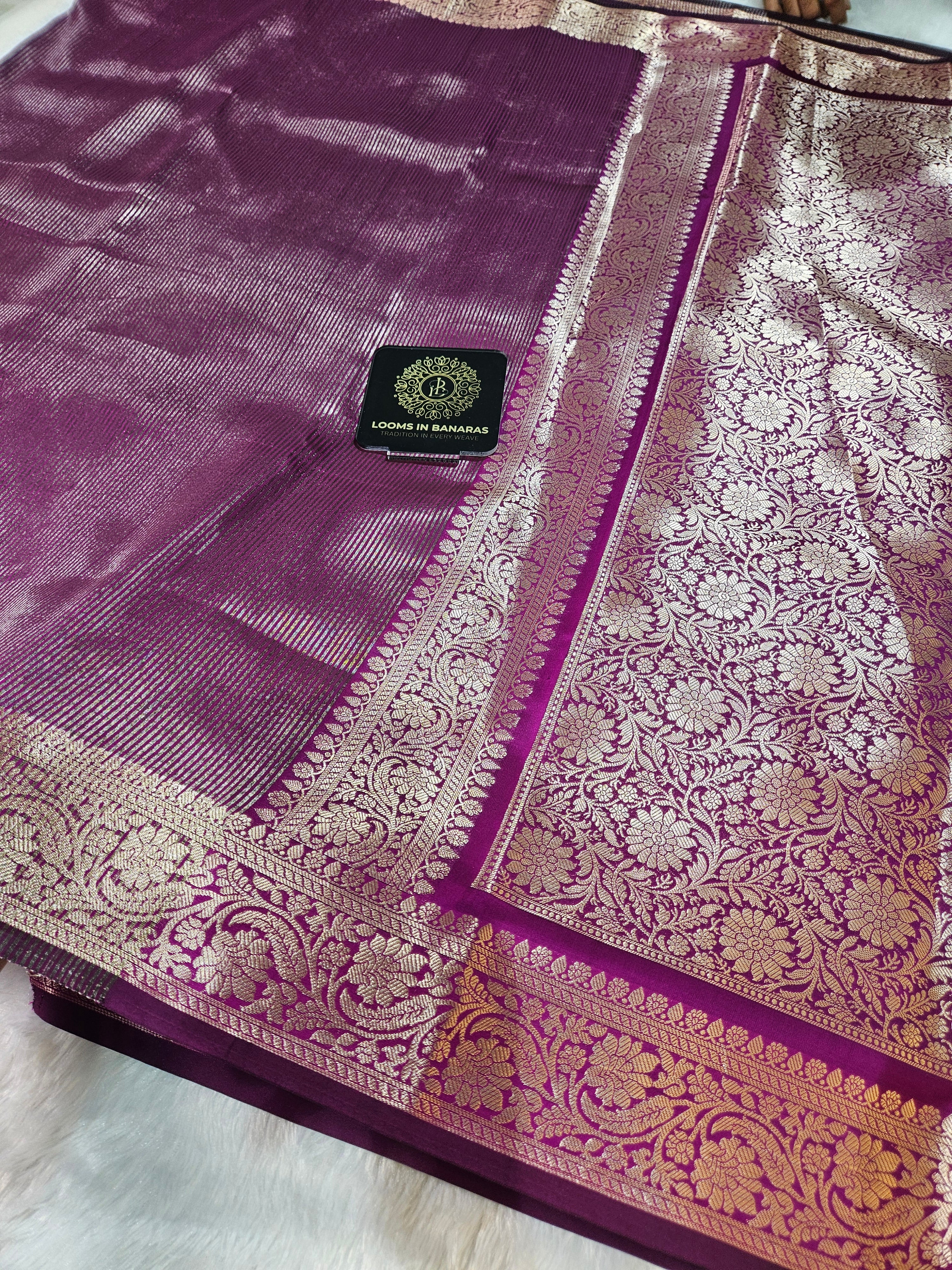 Majenta Banarasi Soft Tissue Zari Stripe Design Saree