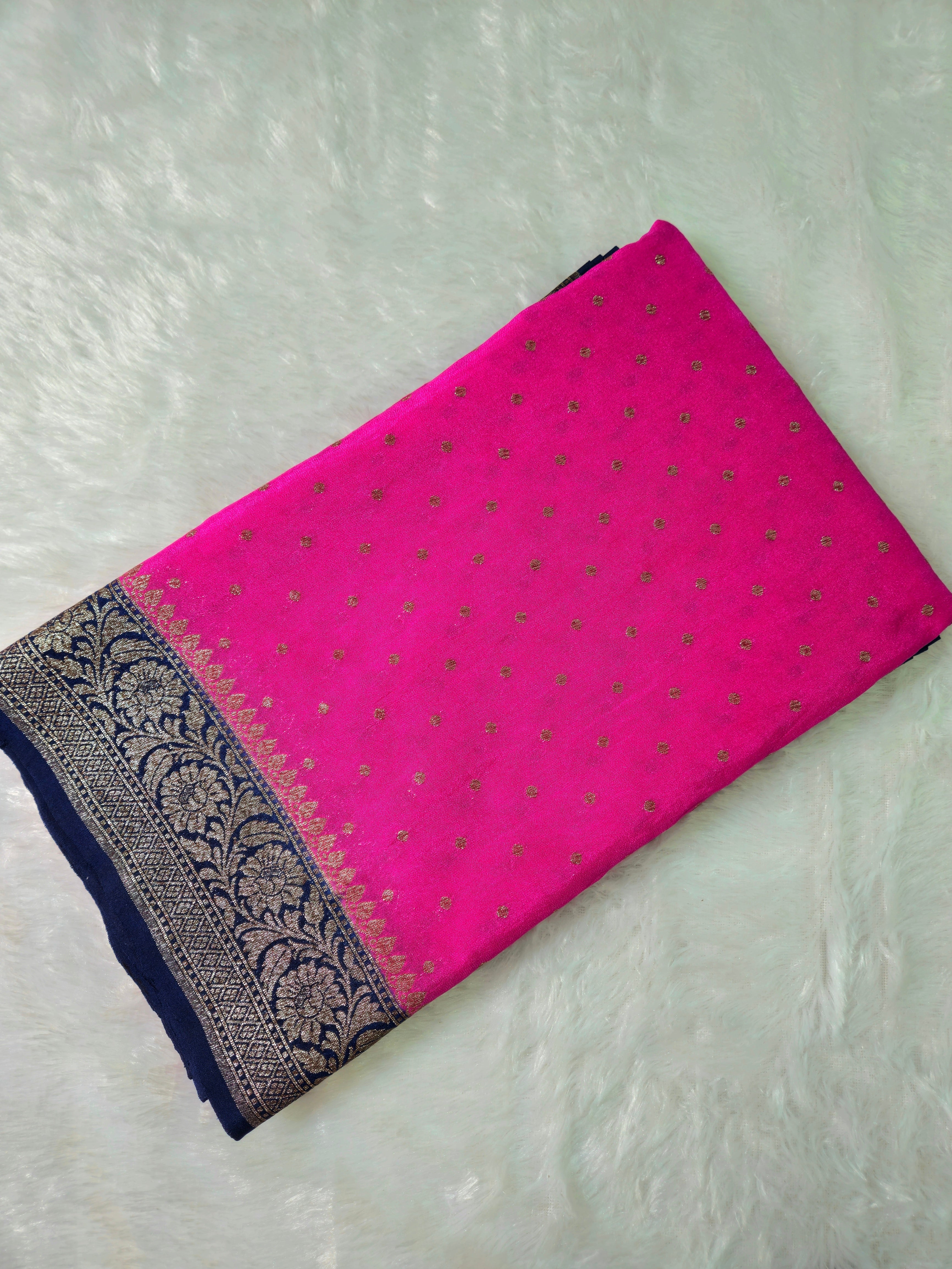 Banarasi Georgette Rani Pink Contrast Navy Blue Saree with Antique Zari Border buti