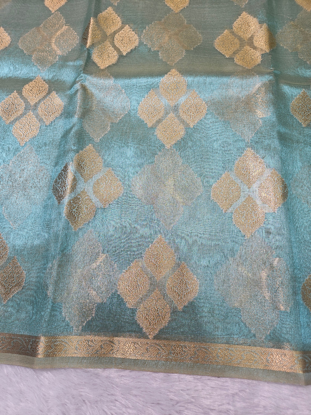 Aqua Blue Banarasi Tissue Zari Buti Design Small Border Saree