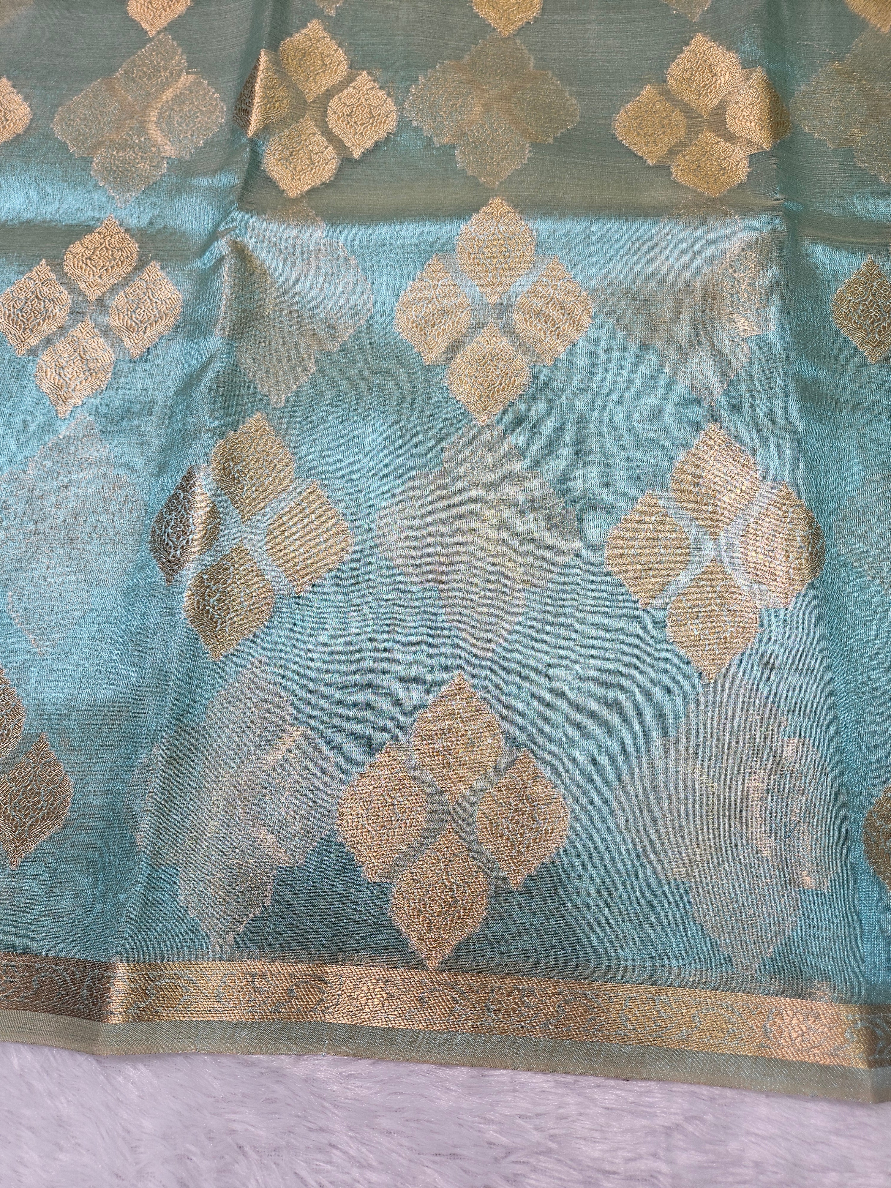 Aqua Blue Banarasi Tissue Zari Buti Design Small Border Saree