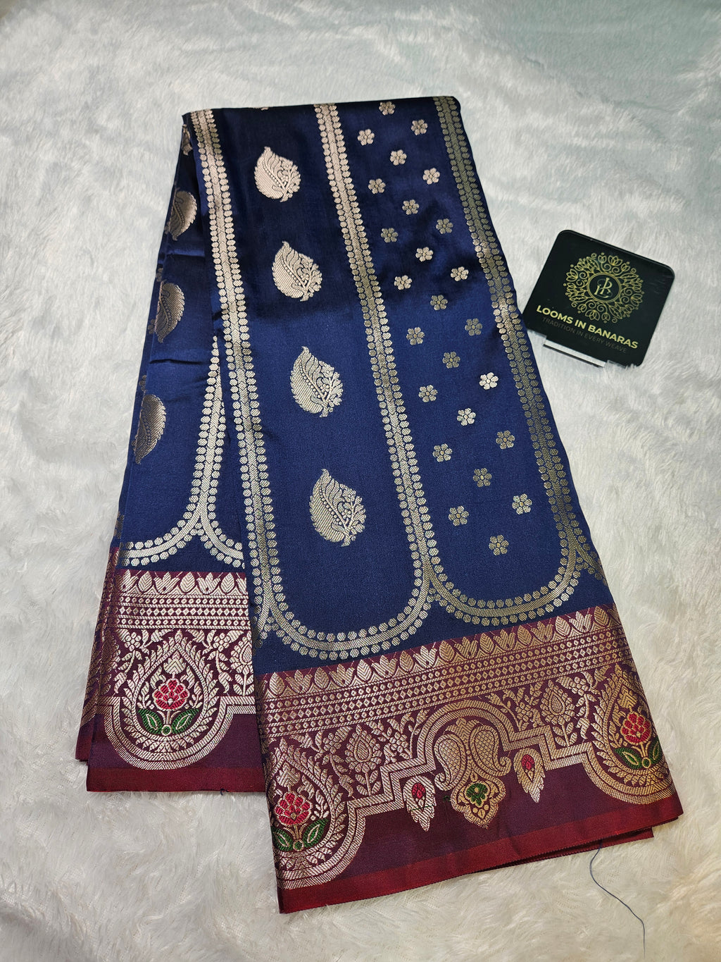 Blue and Red Contrast Banarasi Silk Jaal Zari Border Saree