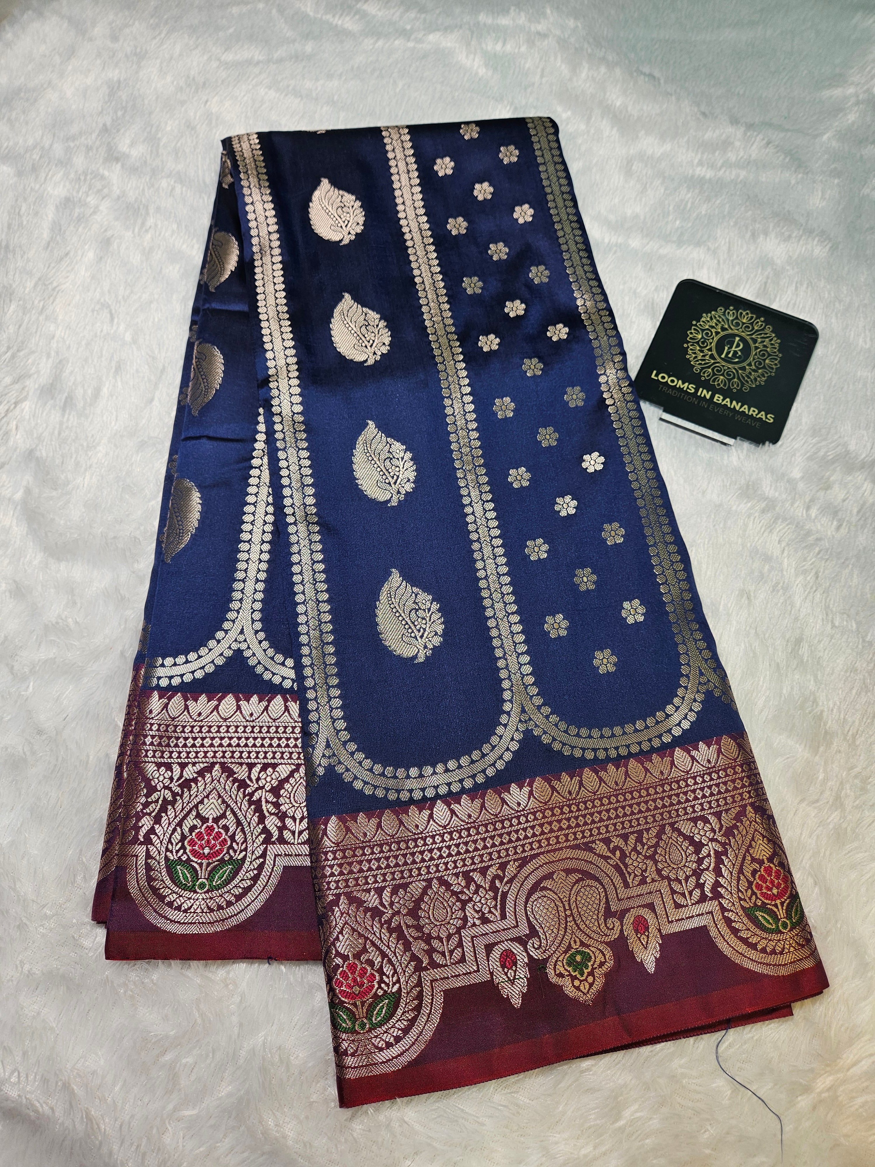 Blue and Red Contrast Banarasi Silk Jaal Zari Border Saree