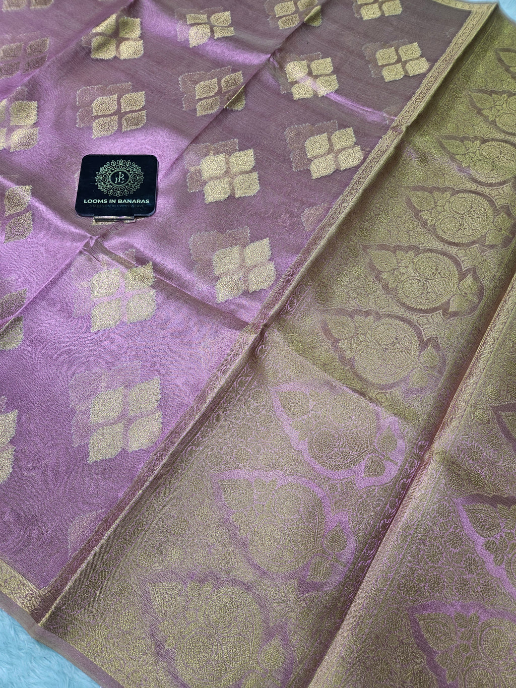 Mauve Pink Banarasi Tissue Zari Buti Design Small Border Saree