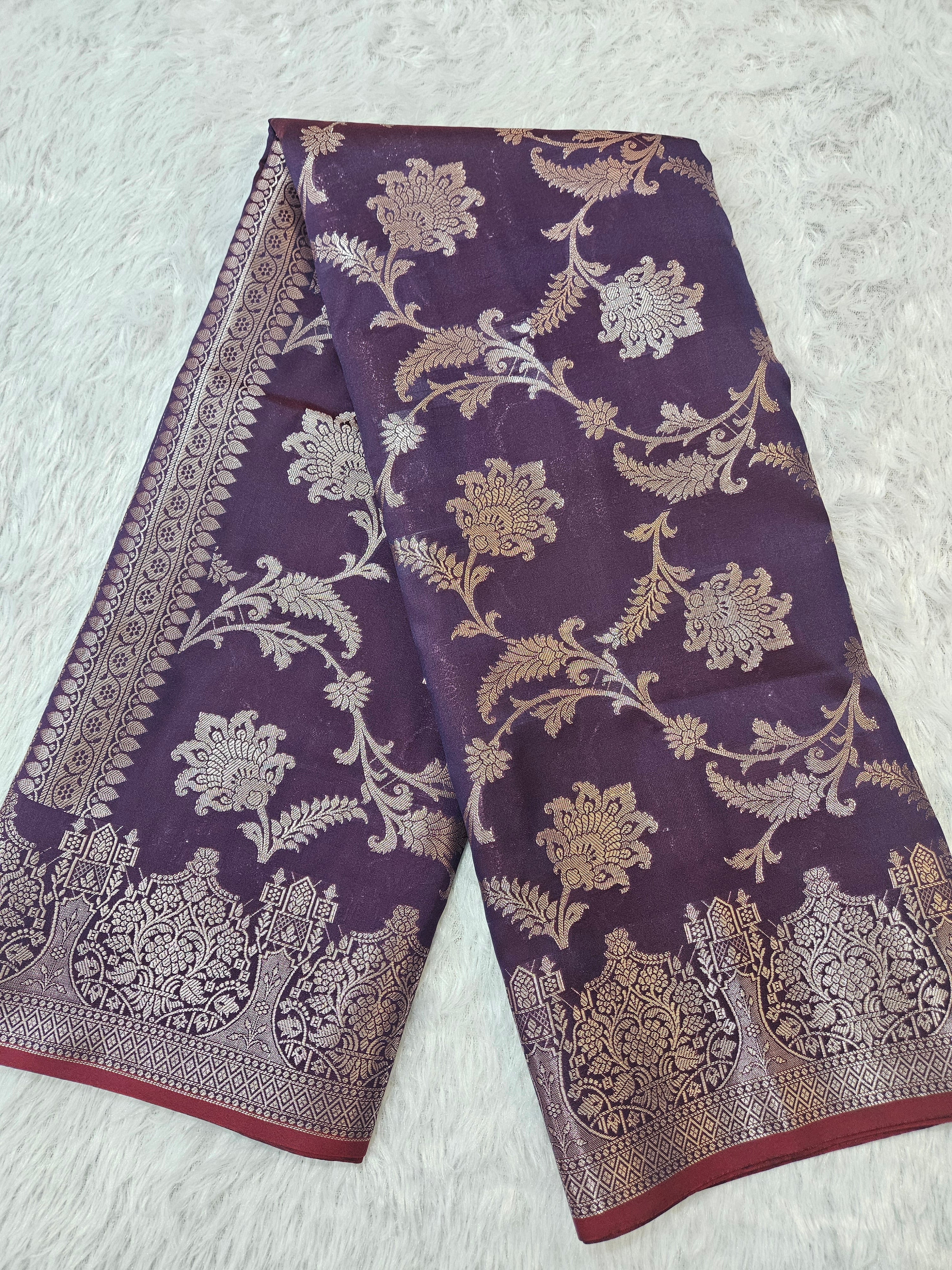 Banarasi Silk Wine Jaal Zari Border Saree