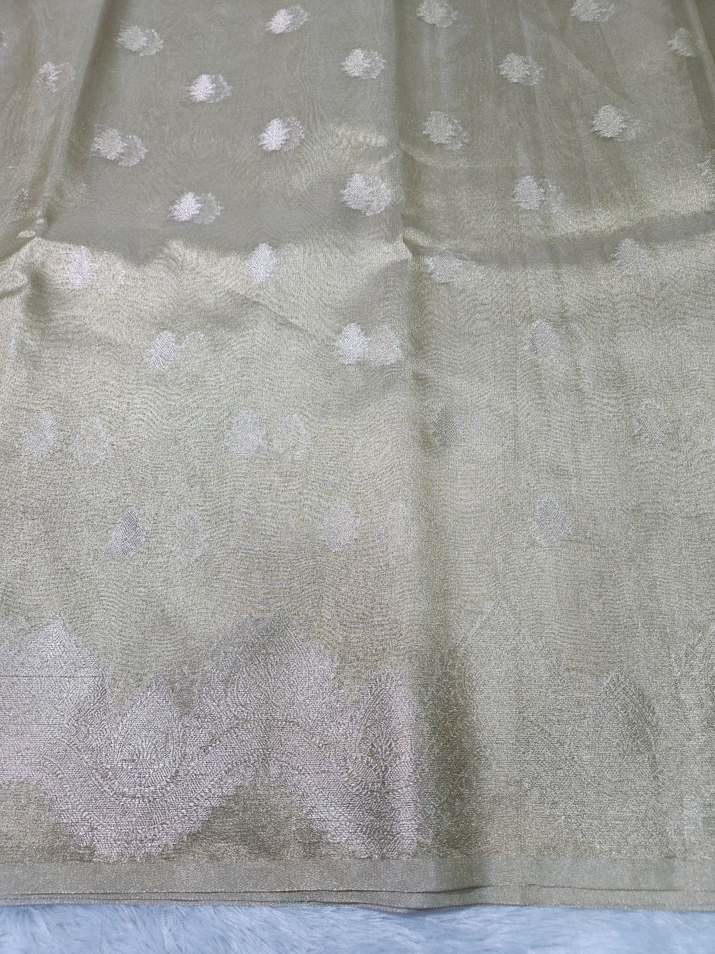 Light Gold Banarasi Tissue Zari Buti Design Scallop Border Saree