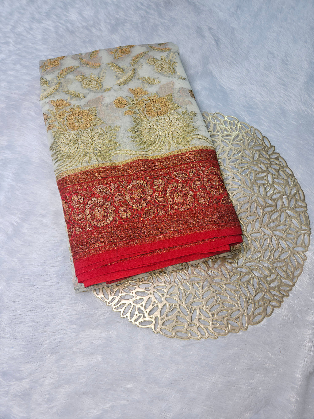 Banarasi Georgette White Contrast Red Saree with Gold Zari Jaal Design