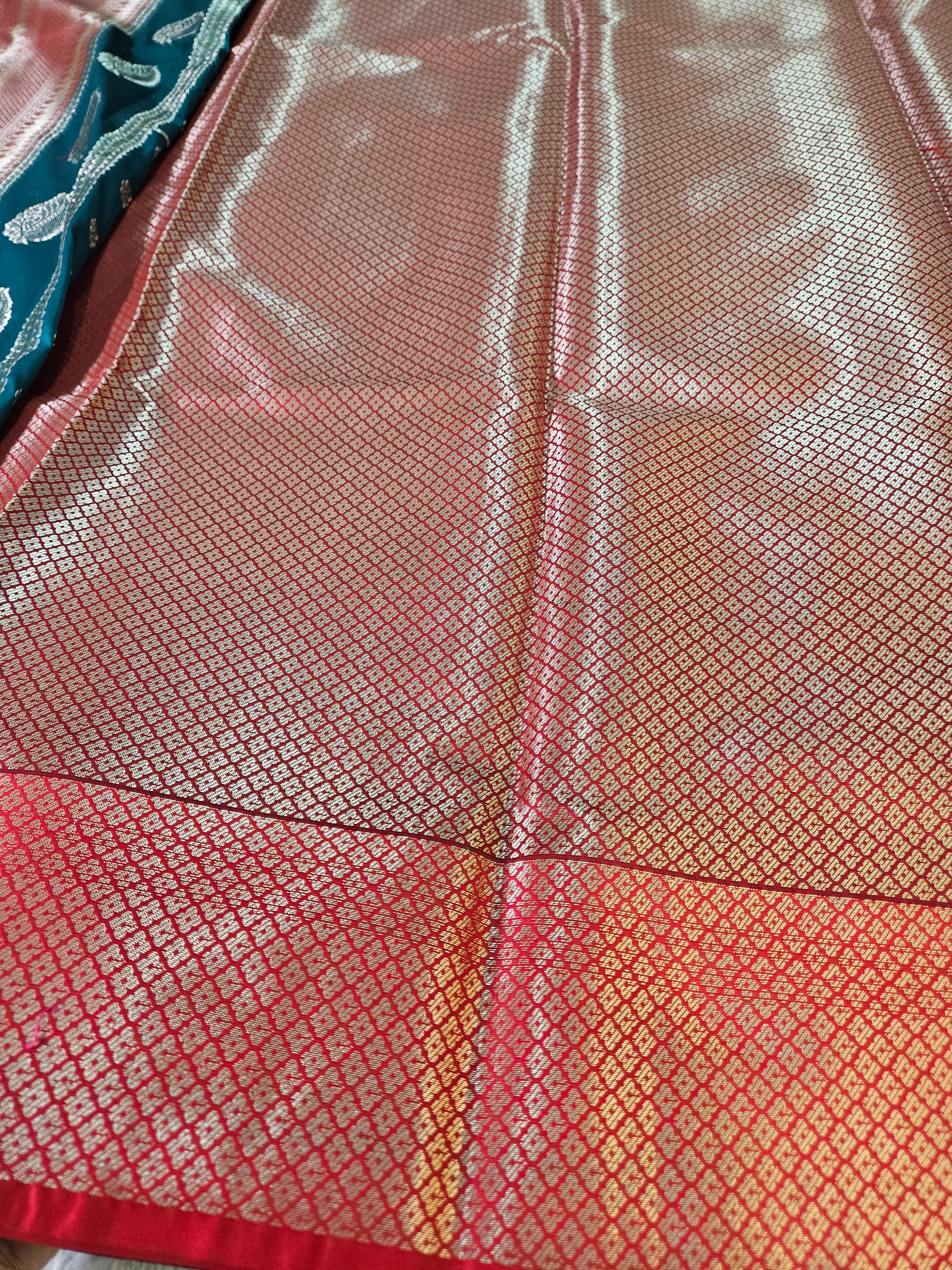 Rama Green and Red Contrast Banarasi Silk Jaal Zari Border Saree