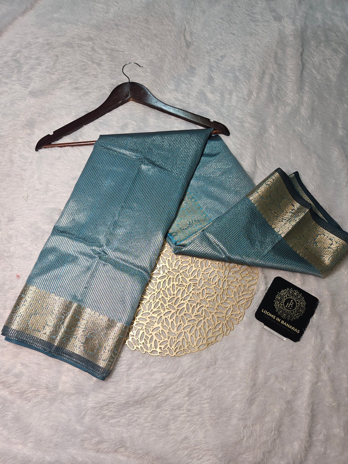 Firozi Banarasi Soft Tissue Zari Stripe Design Saree