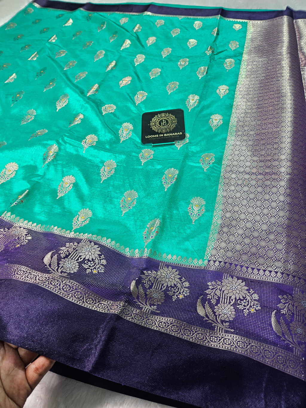 Banarasi Sea Green and Uda contrast Raw Mango Silk Fancy Border Booti Saree