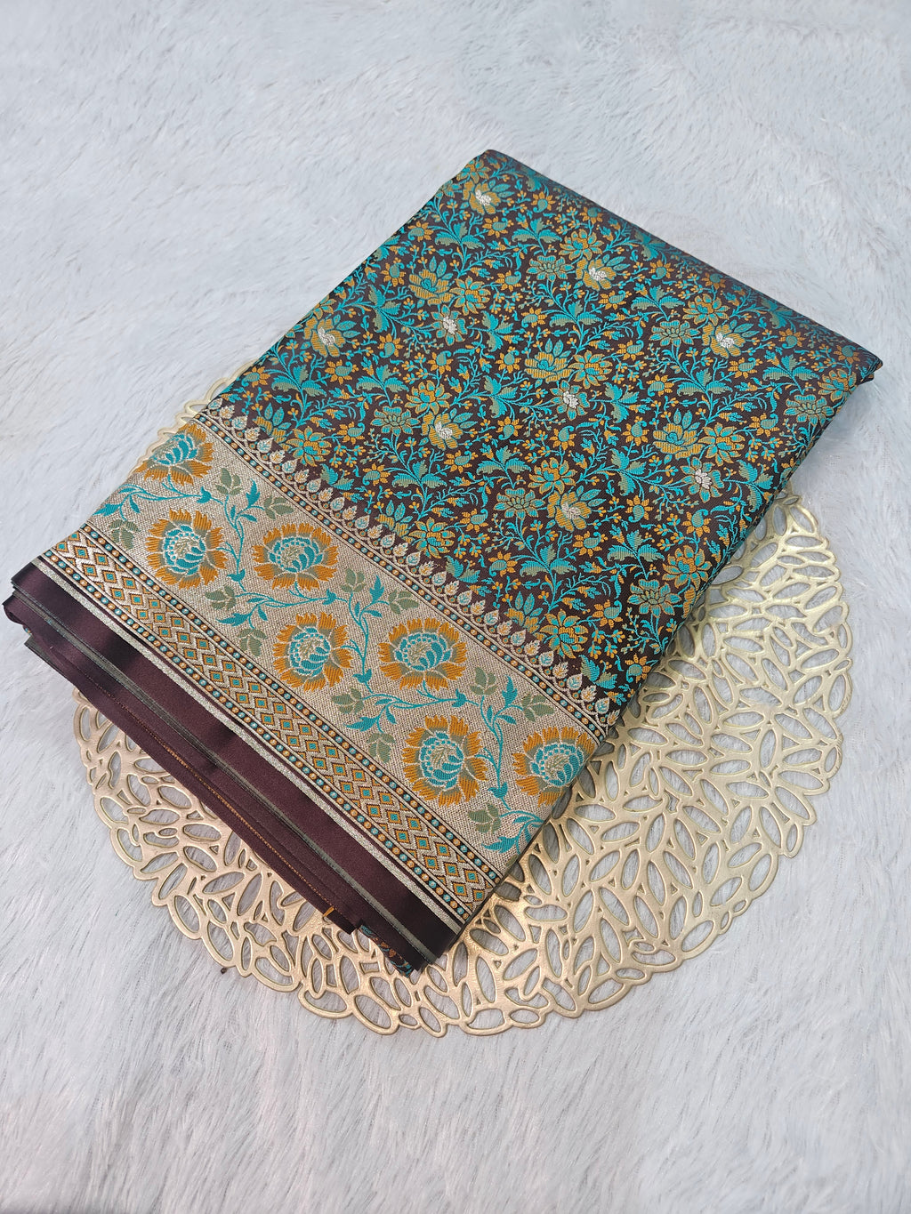 Brown Banarasi Jamewar Satin Silk Saree with Green Multi Mina.