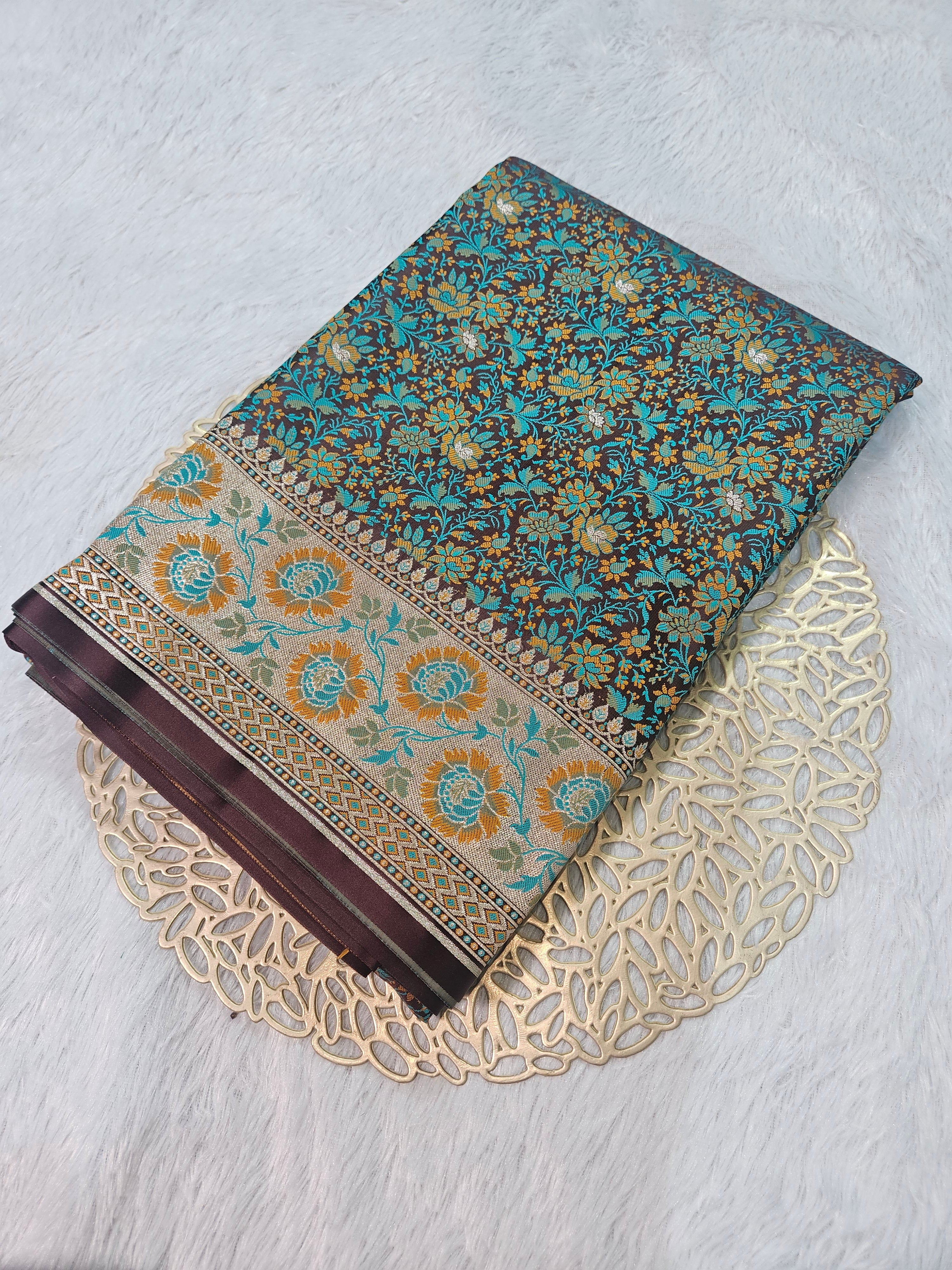 Brown Banarasi Jamewar Satin Silk Saree with Green Multi Mina.