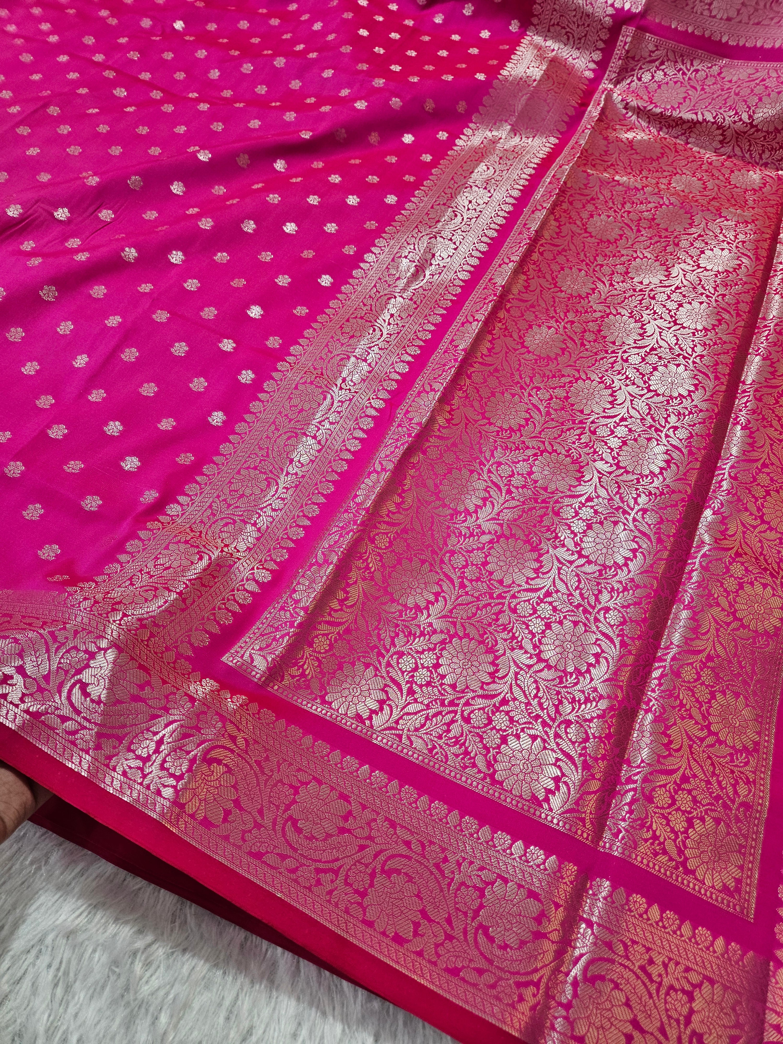 Banarasi Silk Rani Pink Buti Zari Border Saree