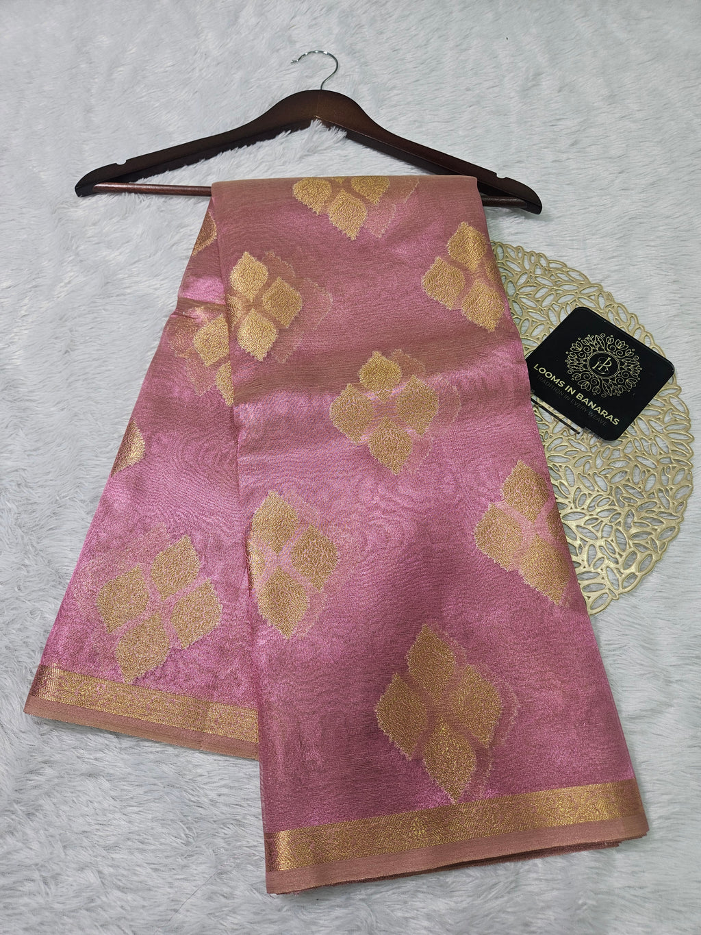Mauve Pink Banarasi Tissue Zari Buti Design Small Border Saree