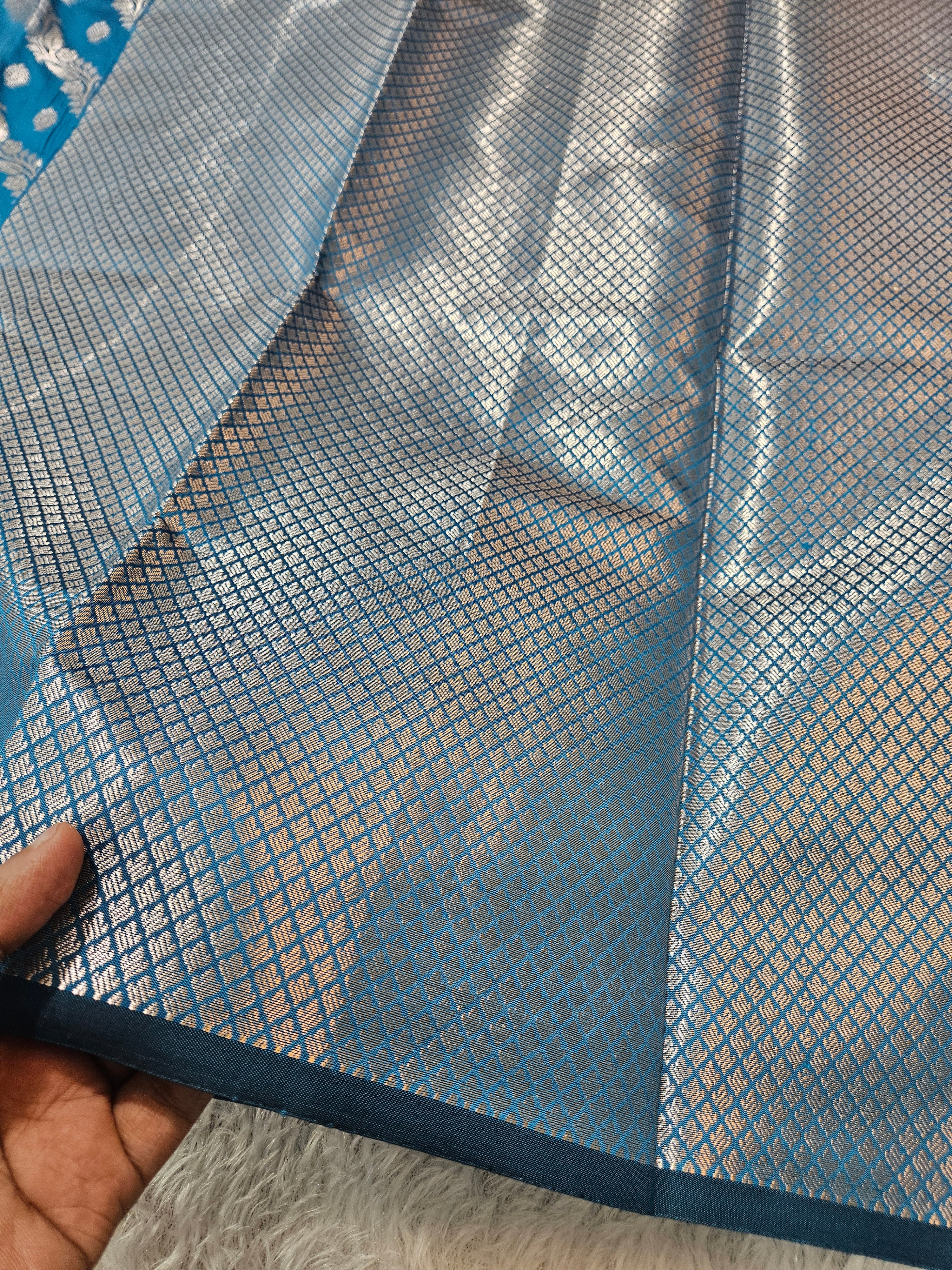 Banarasi Turquoise Silk Jaal Zari Border Saree