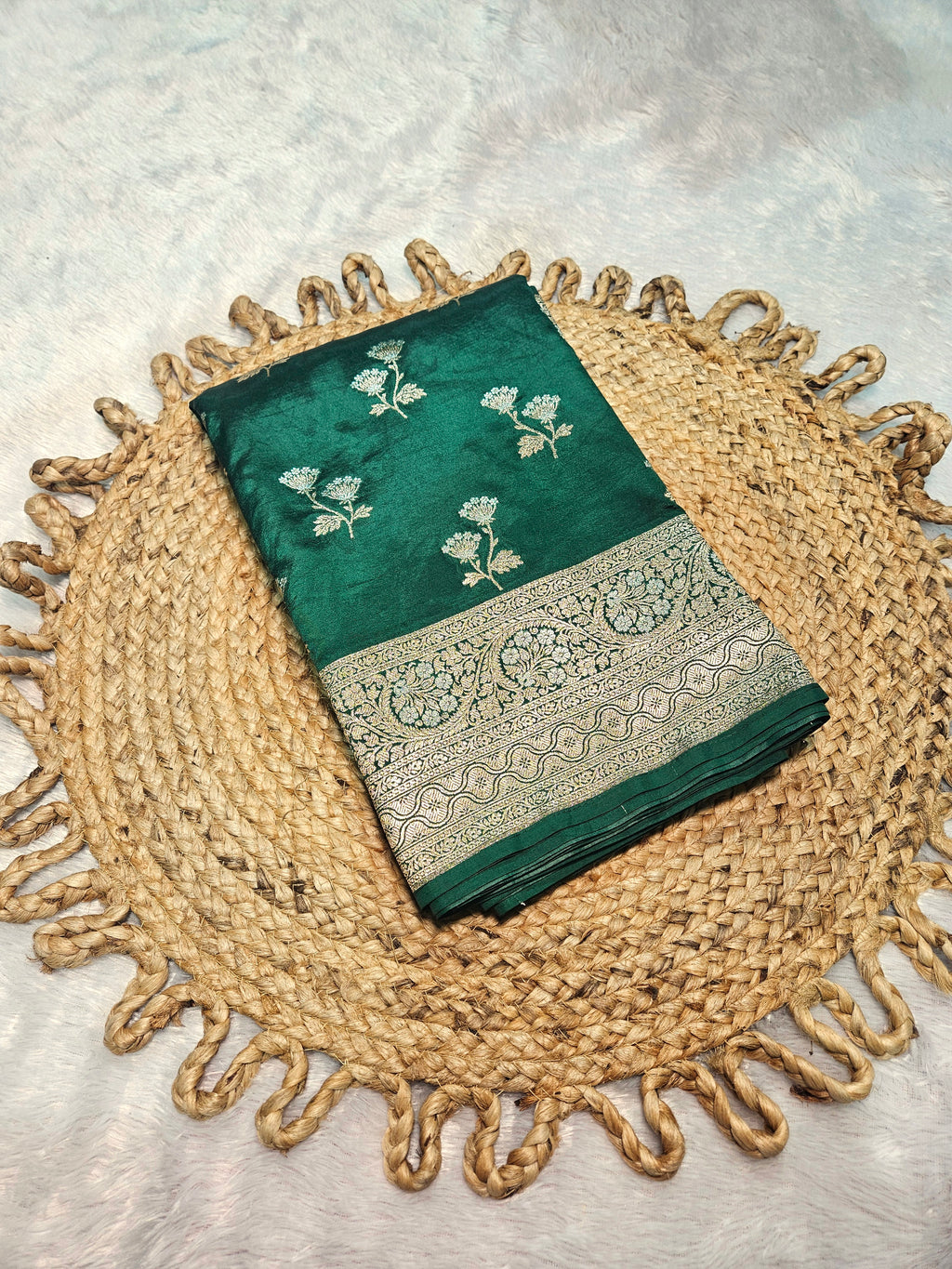 Banarasi Bottle Green Malai Katan Silk Alfi Booti Saree