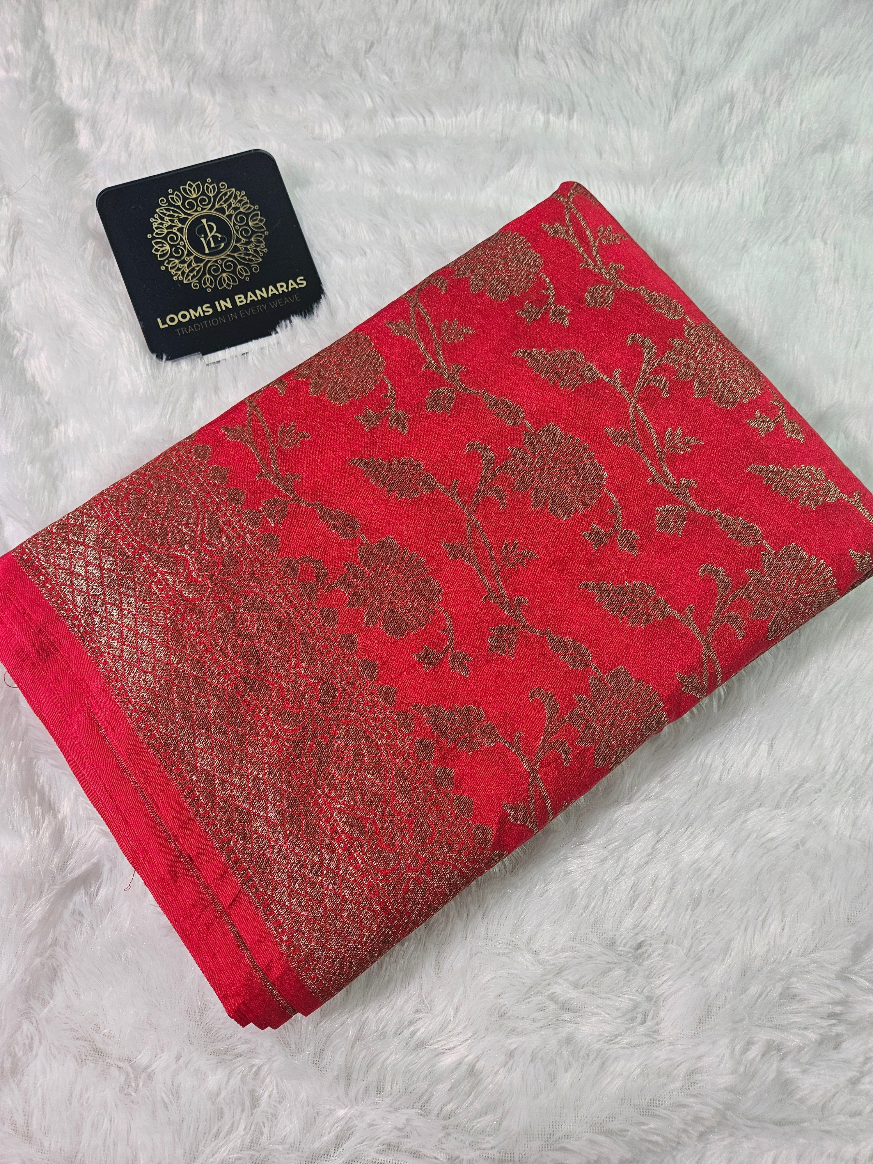 Banarasi Georgette Red Saree with Antique Zari Border Jaal